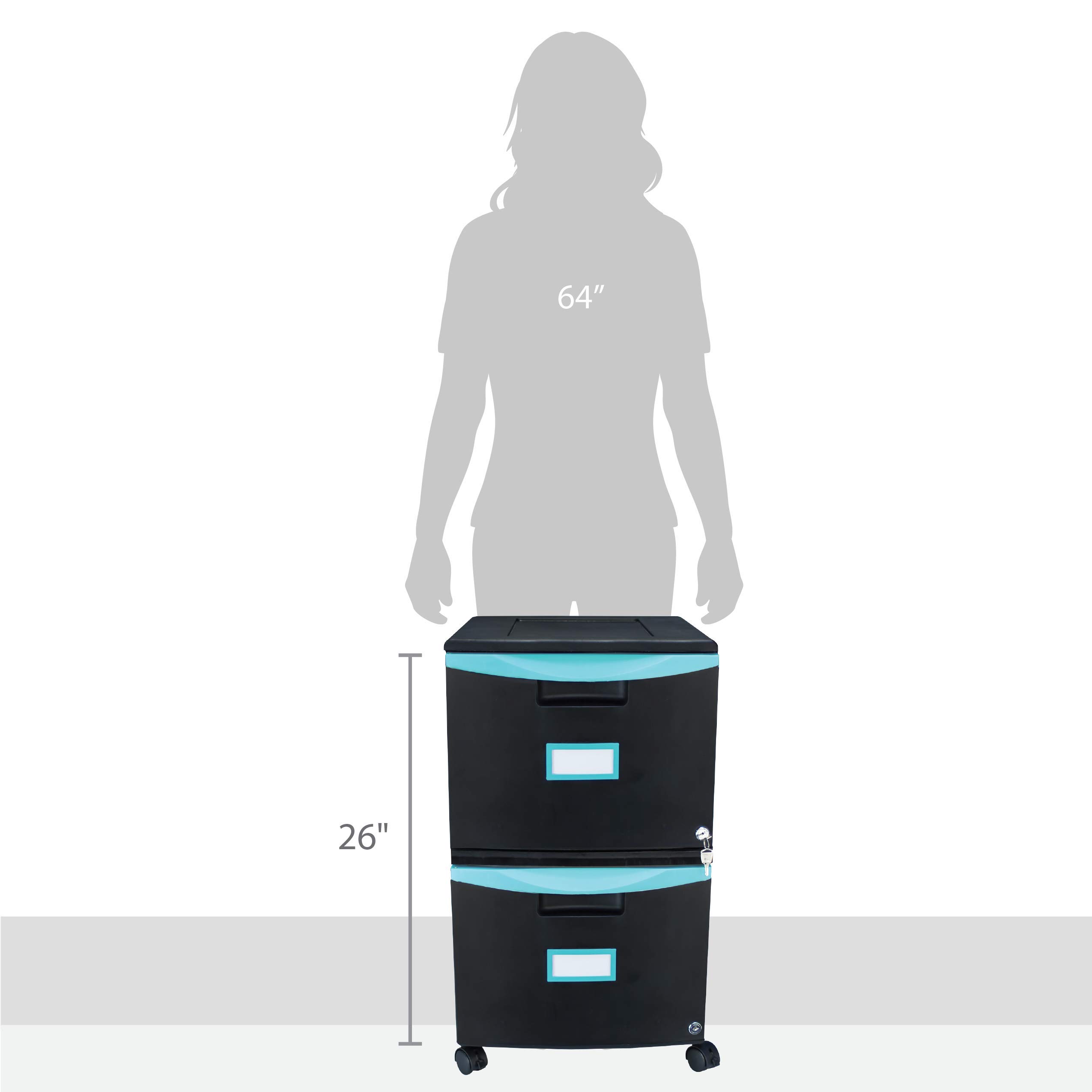 Storex Plastic Two-Drawer File Cabinet with Lock - Mobile Document Organizer for Home Office, Black (61315U01C) - Secure Storage for Files, Folders & Office Supplies
