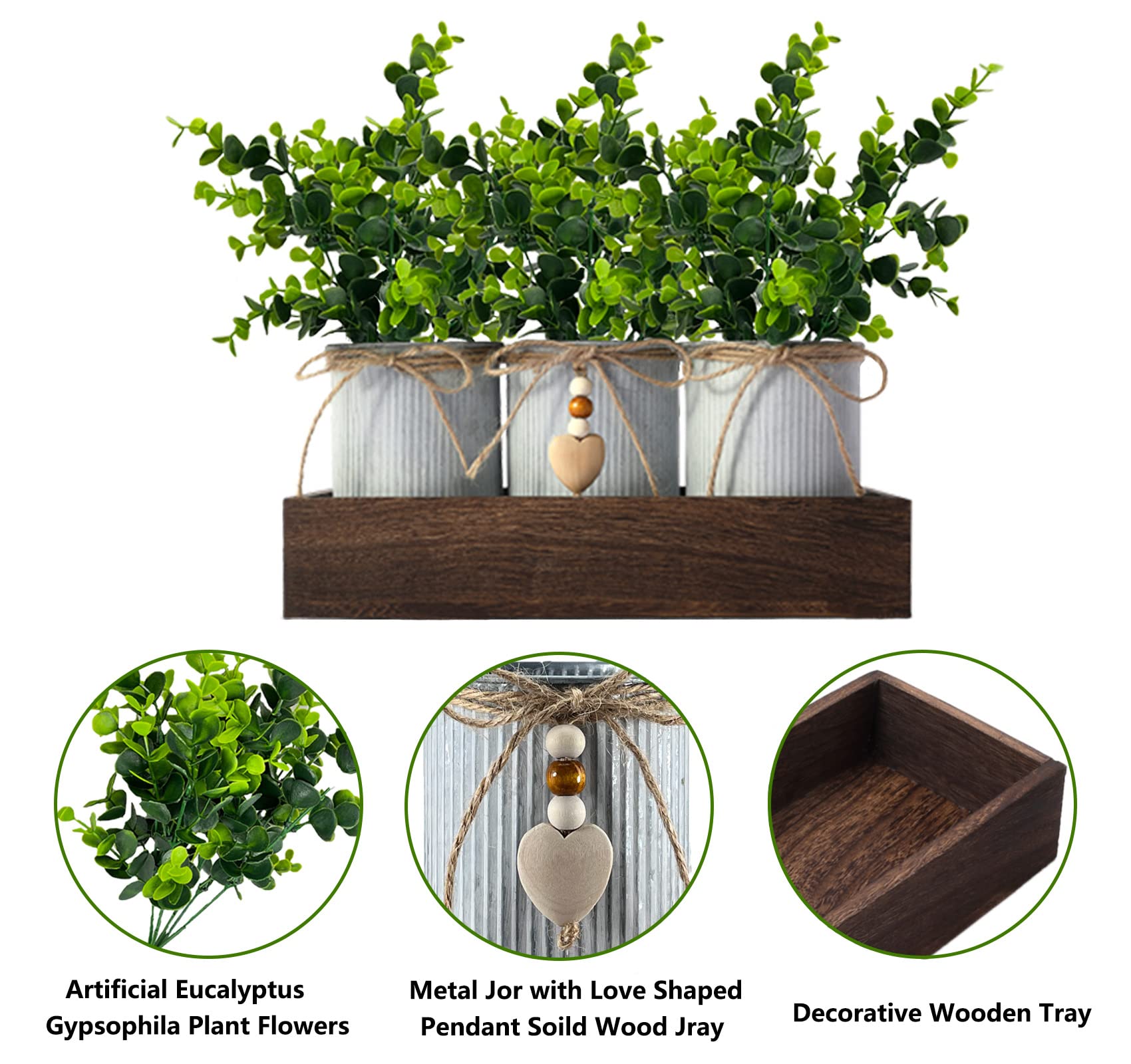 Frosty Green Eucalyptus Artificial Flower Arrangement with 3 Rustic Metal Pots & Wood Tray - Farmhouse Table Centerpiece for Wedding, Dining Room, and Home Décor