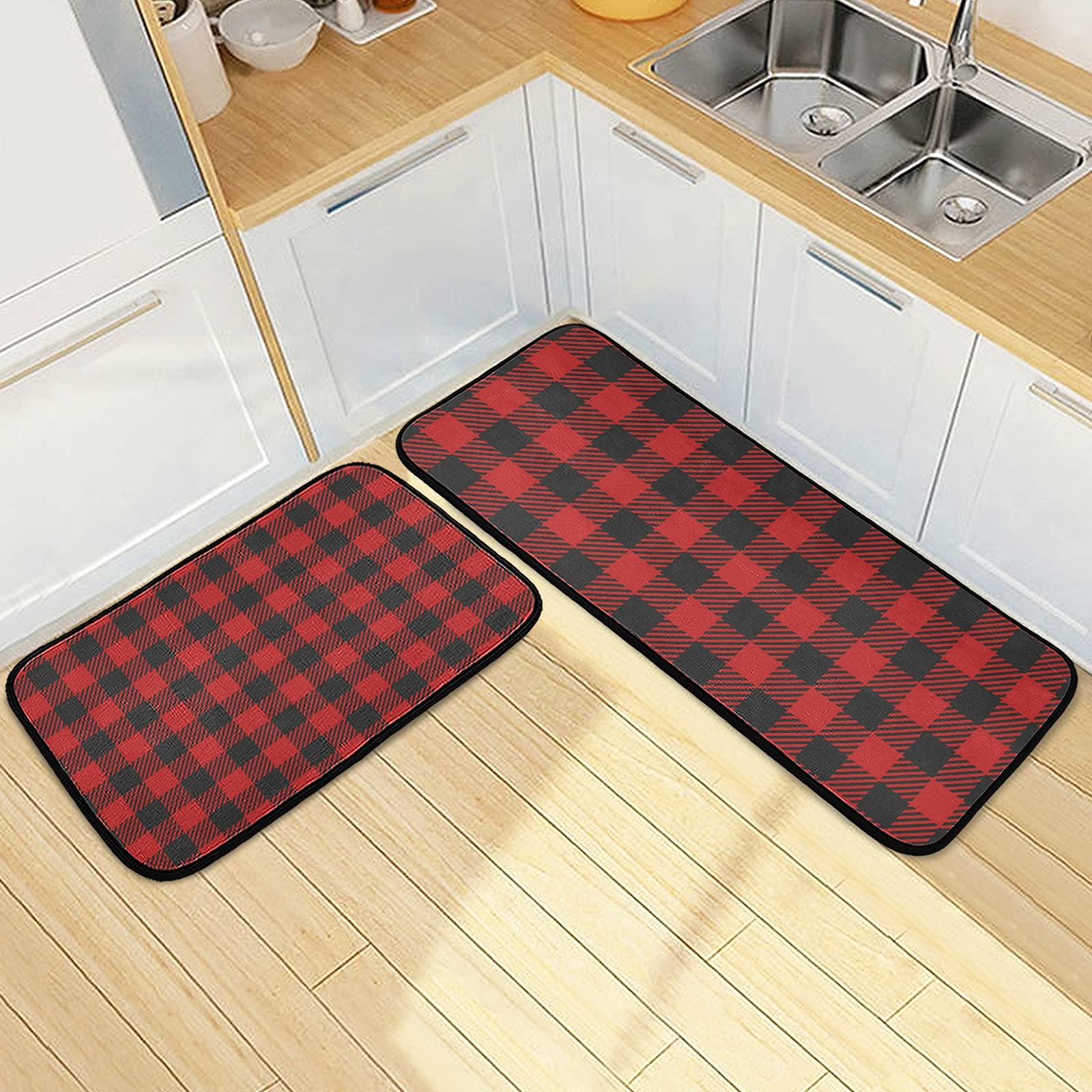 Merry Christmas Red Black Buffalo Check Plaid Kitchen Rugs - Set of 2 Cushioned Anti-Fatigue Mats, Non-Slip Heavy Duty Standing Mat for Kitchen, Bathroom, Sink, Office & Laundry - Perfect for Holiday Decor & Comfortable Flooring