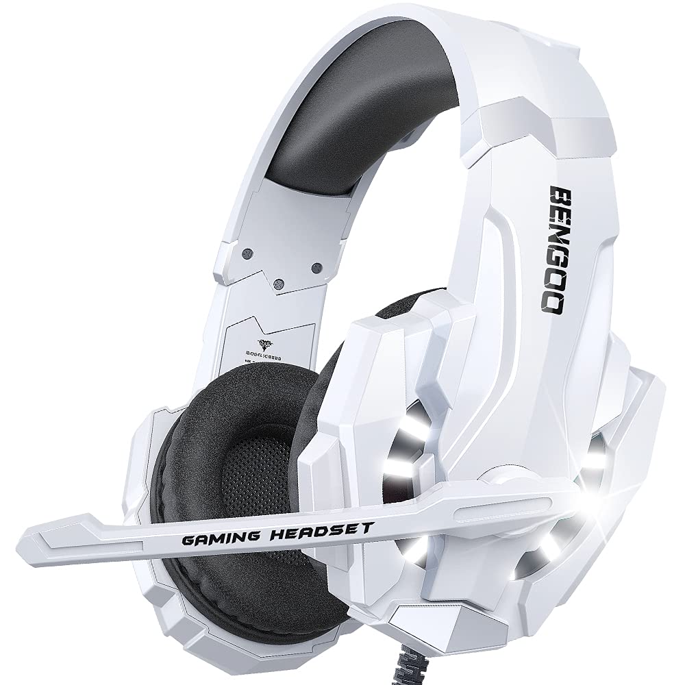 BENGOO Pro Gaming Headset with Noise Cancelling Mic - Compatible with PS4, PS5, PC, Xbox One, Laptop & Mac | Over-Ear Headphones with LED Lights, Bass Surround & Memory Foam Earmuffs (White) - Perfect for Gaming, Streaming & Online Meetings