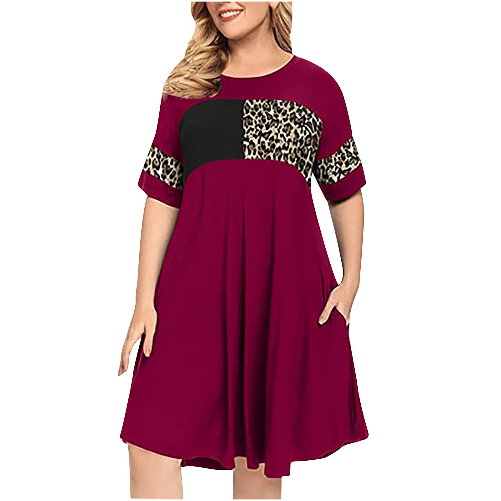 YUNIAO Plus Size Leopard Print Midi Dress for Women - Summer Casual Short Sleeve Patchwork Crewneck Short Skirt - Perfect for Wedding Guest, Date Night & Cocktail Parties