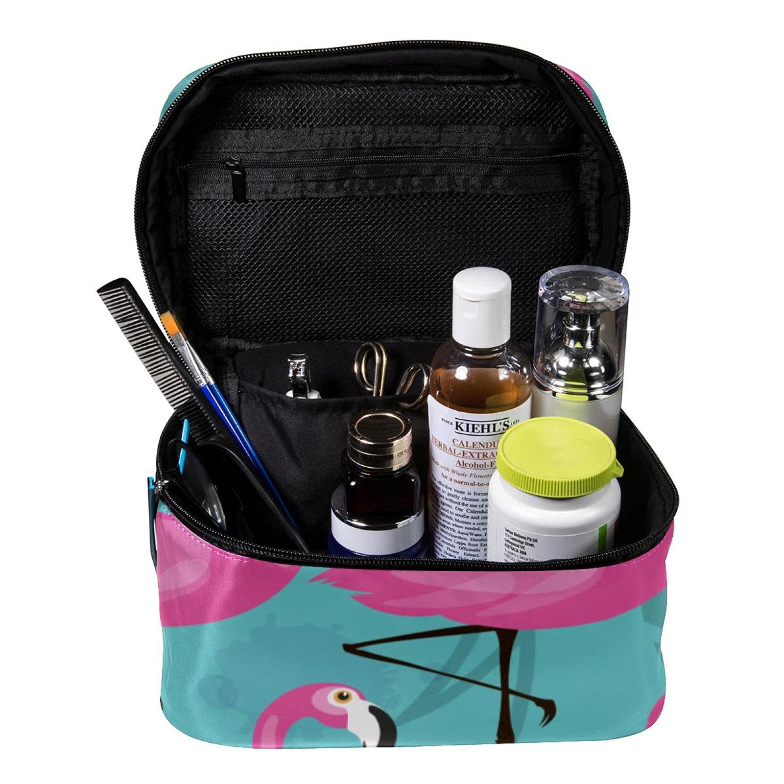 Large Pink Flamingo & Tropical Leaf Travel Makeup Bag - Waterproof Cosmetic Organizer with Zipper for Women & Girls | Perfect for Vacation, Beach Trips & Gym Essentials