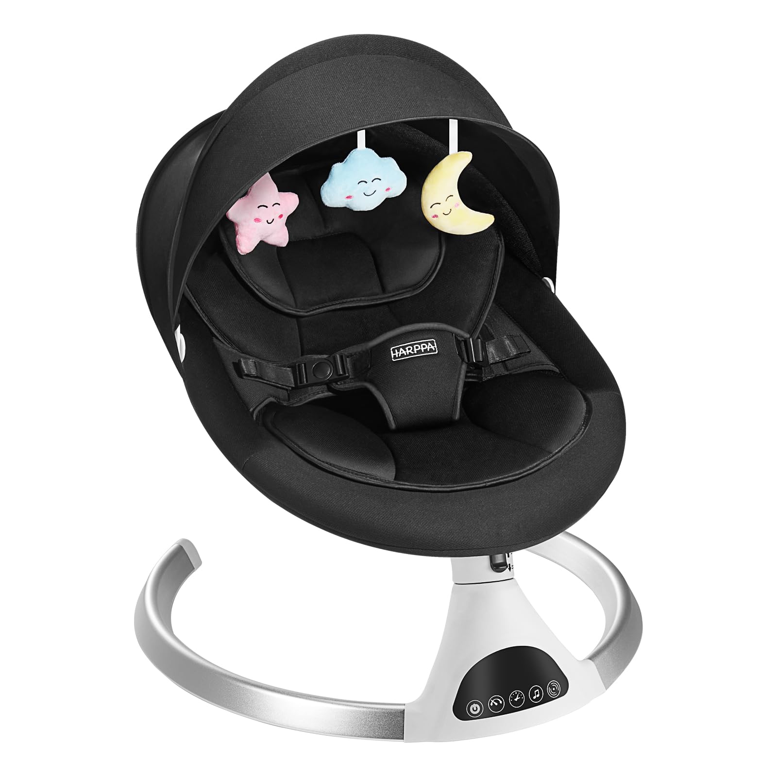 HARPPA Electric Baby Swing for Infants to Toddlers - Portable Baby Swing with 5 Speed Settings, Remote Control, Music Speaker, 12 Lullabies & Bluetooth (Black) - Perfect for Newborn Boys & Girls at Home, Travel, and Nursery