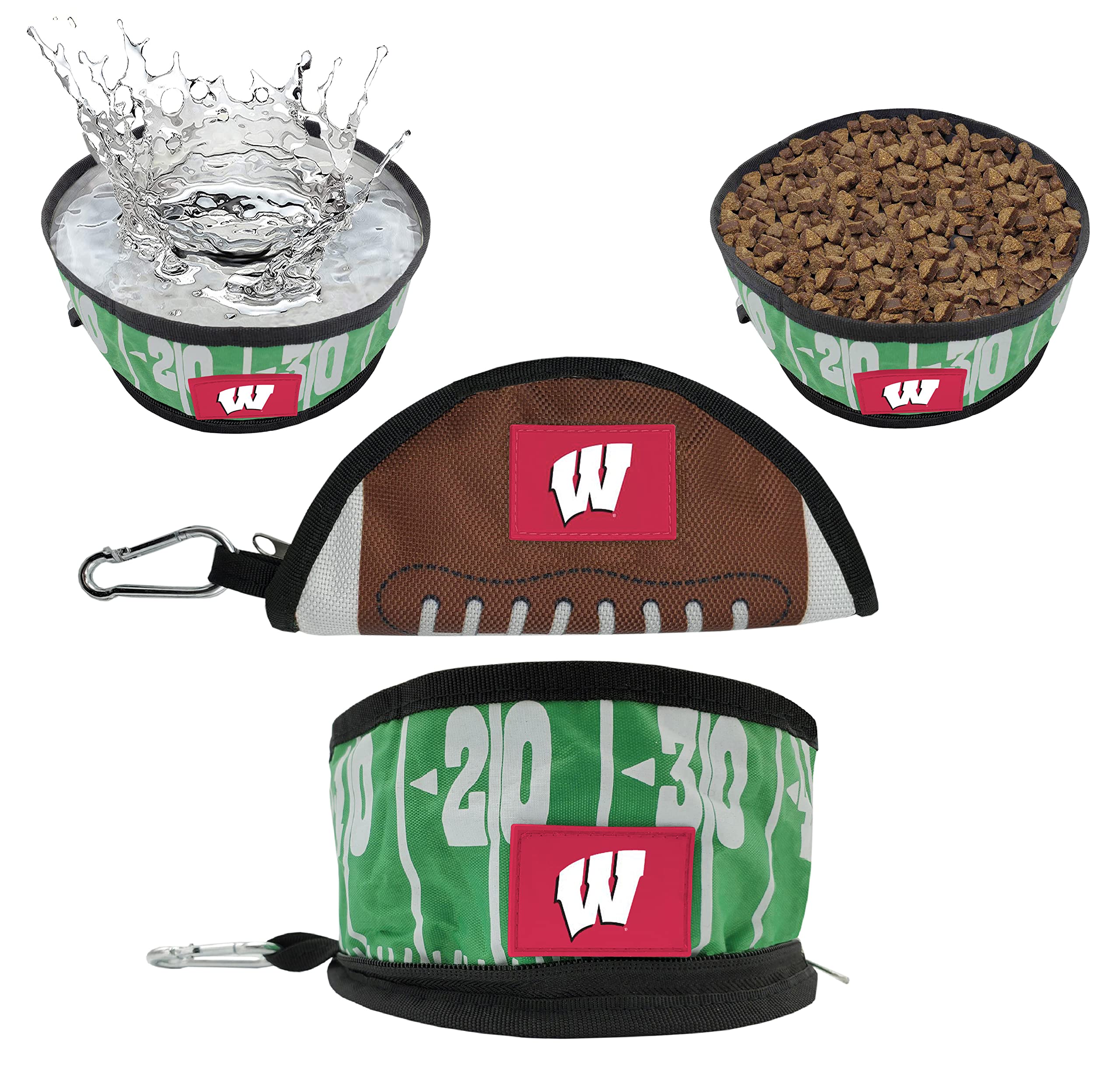 NCAA Wisconsin Badgers Collapsible Dog Travel Bowl - Portable Leak-Proof Pet Food & Water Dish for Dogs & Cats - Lightweight Football Field Design - Perfect for Camping, Hiking & Road Trips