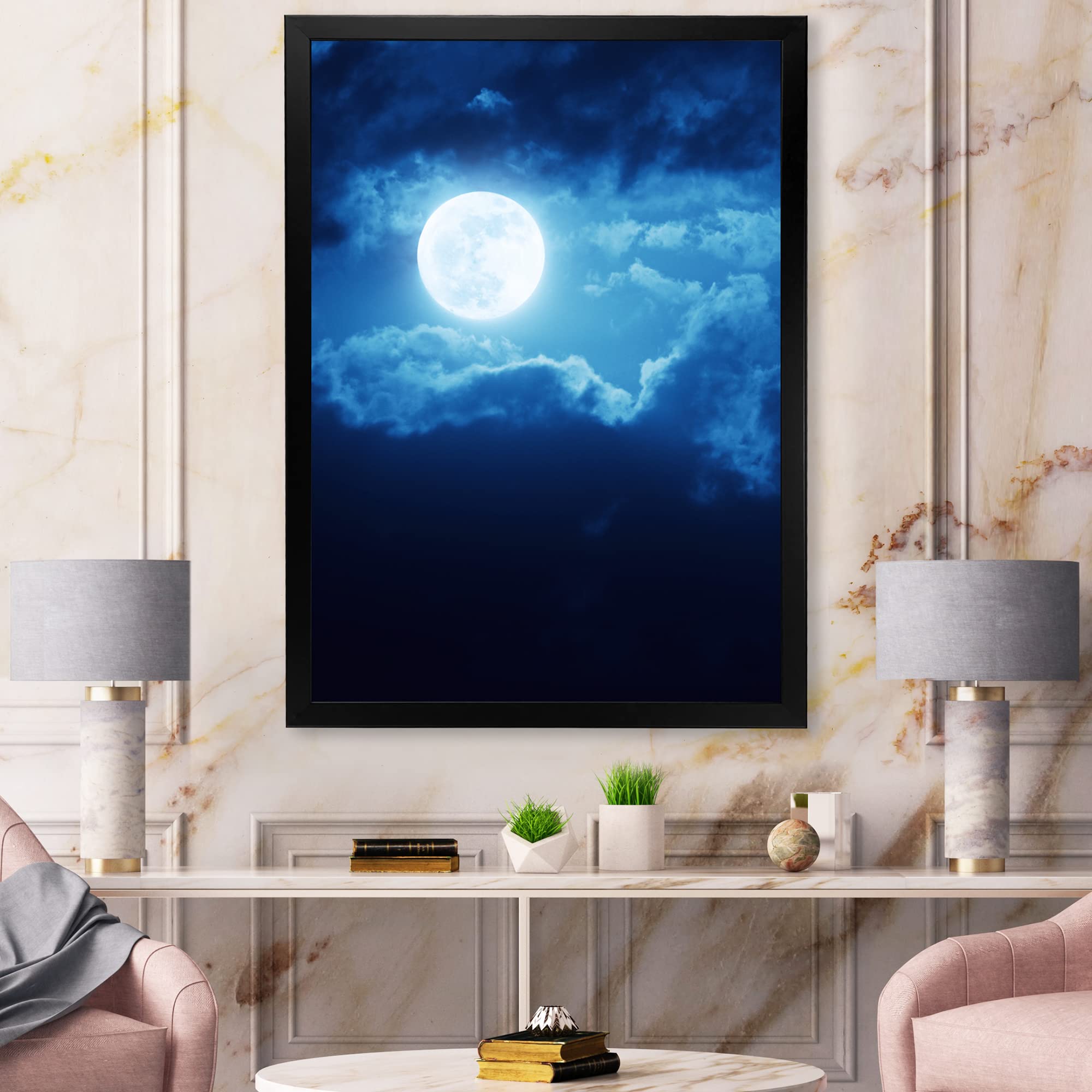DesignQ Full Moon in Cloudy Night Sky III - Coastal Framed Wall Art Decor for Living Room, Bedroom & Office - Nautical Themed Home Decoration
