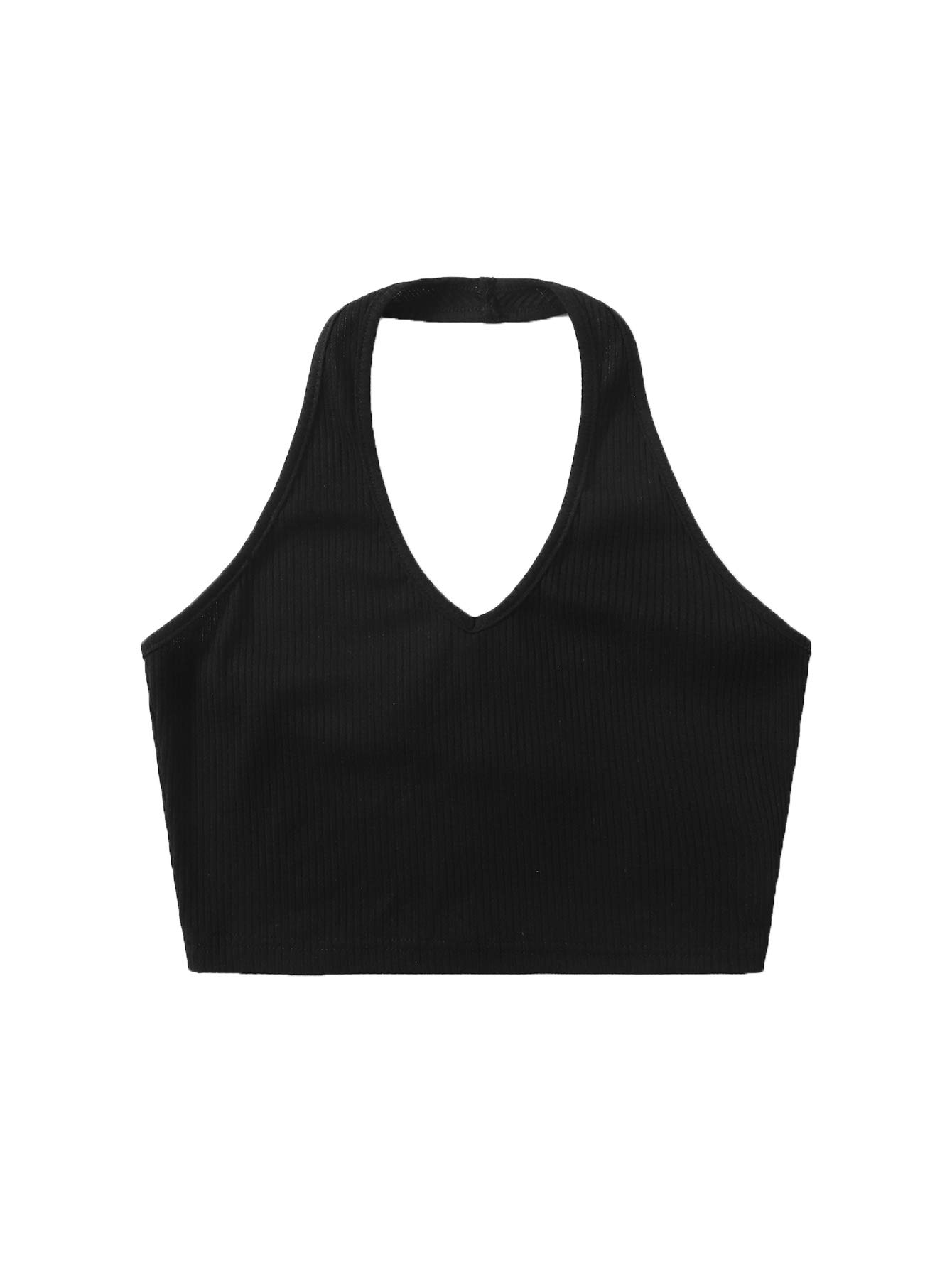 Verdusa Women's Sleeveless Ribbed Crop Top - Open Back Halter Neck Fitted Shirt for Summer, Beach, Party & Casual Wear | Basic Slim Fit Tank Top