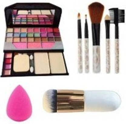 DATNASAYAD Chubby Pier Foundation Makeup Brush Set + TYA 6155 Makeup Kit with 5 Professional Brushes & 2 Blender Puffs - Perfect for Contouring, Highlighting & Full Face Makeup Application