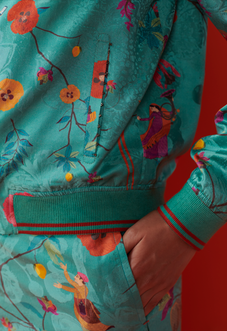 Janbaaz Men's Silk Bomber Jacket - Aqua Damask Print Lightweight Casual Coat for Spring & Fall | Perfect for Outdoor Activities, Travel, and Streetwear Fashion