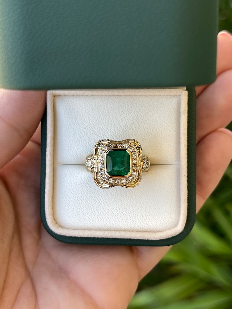 2.17tcw 14K Gold Intense Dark Green Emerald Cut Diamond Vintage Statement Ring - Perfect for Weddings, Anniversaries & Special Occasions