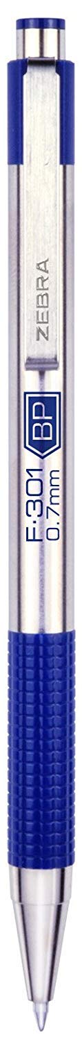 Zebra F-301 Stainless Steel Retractable Ballpoint Pen - Fine Point 0.7mm Blue Ink (12-Pack) - Perfect for Office, School & Everyday Writing Tasks