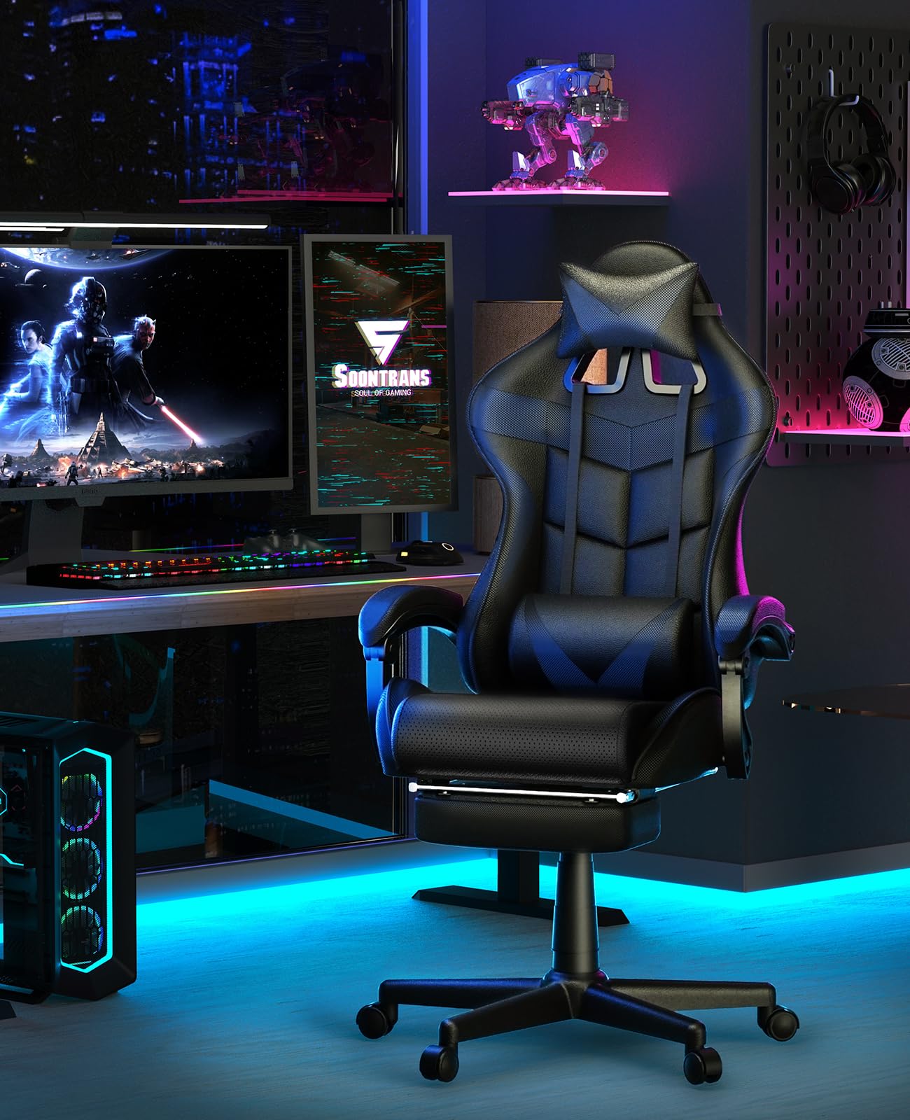 Soontrans Black Gaming Chair with Footrest - Ergonomic Computer Office Chair with Adjustable Headrest & Lumbar Support for PC Gamers - Perfect for Home Gaming Setup & Workstation (Dark Black)