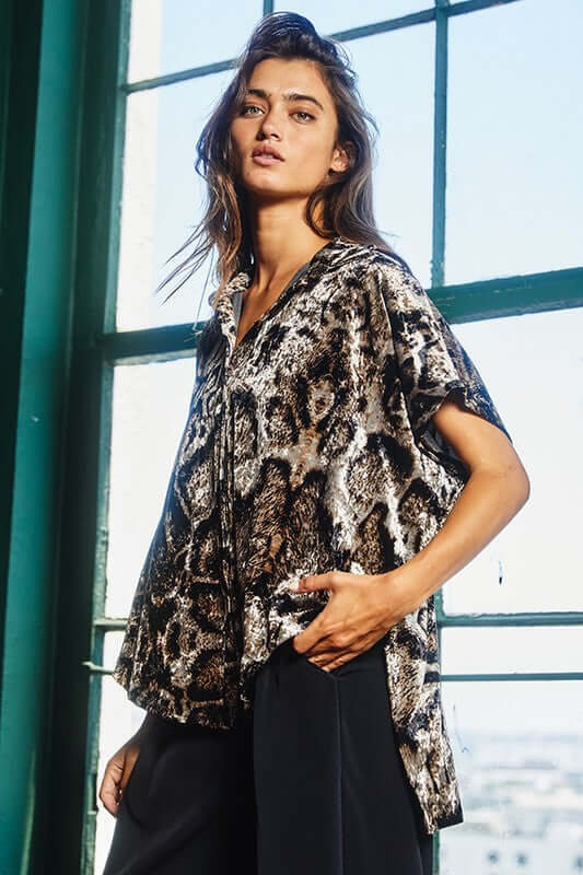 Leopard Print Velvet High-Low Button-Up Blouse | Made in USA | Women's Fashion Top for Casual & Evening Wear | Final Sale Clearance