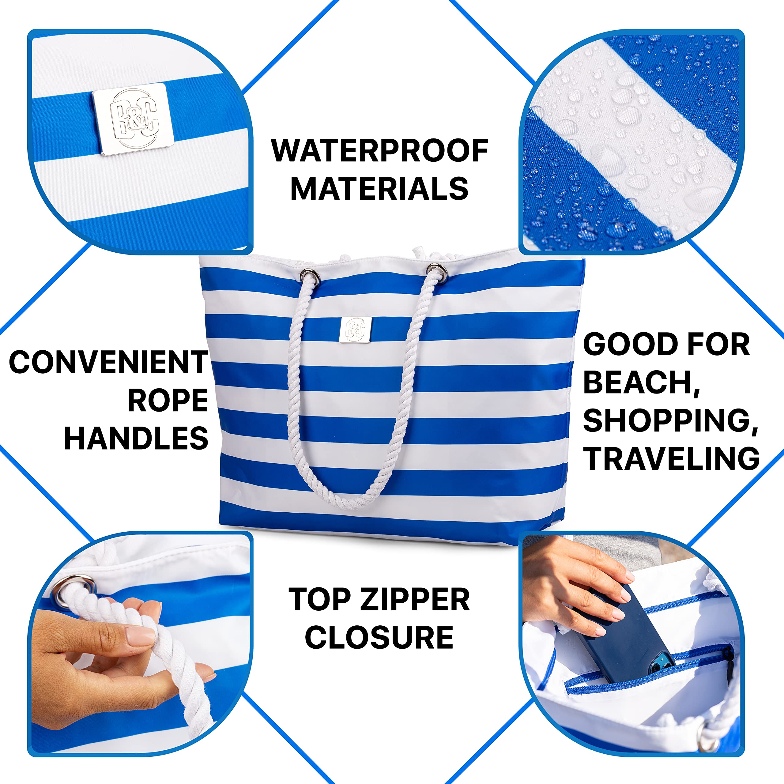 BANG&CARSEN XXL Zippered Beach Tote Bag for Women - Extra Large Waterproof Bag with Multiple Pockets for Beach, Pool, Gym & Travel