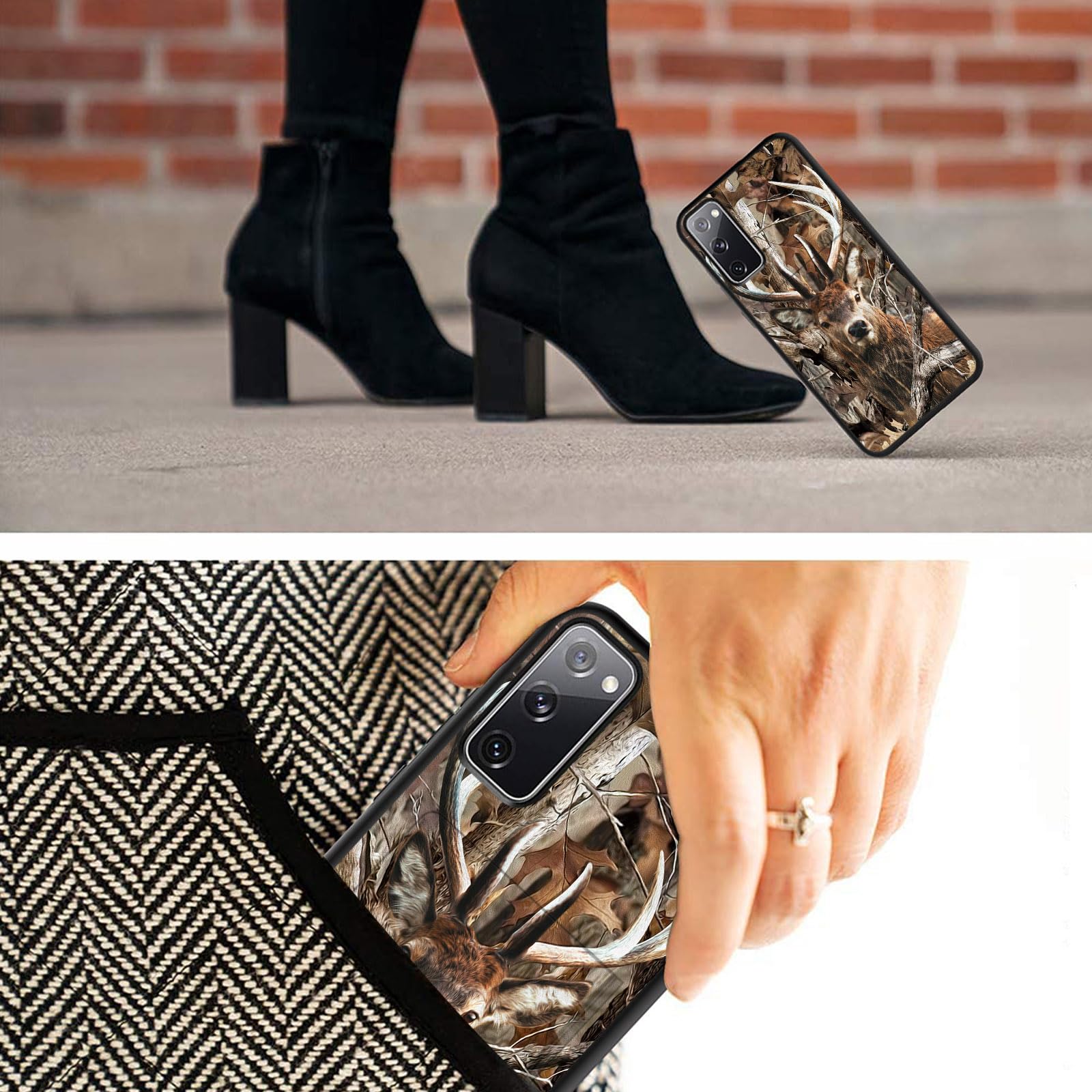 Shockproof Hybrid Case for Samsung Galaxy S20 FE 5G (2020) with Card Holder - Dual Layer Armor Protection, Built-in Wallet Pocket for Credit Cards & ID, Camo Forest Deer Design - Perfect for Outdoor Adventures & Daily Use