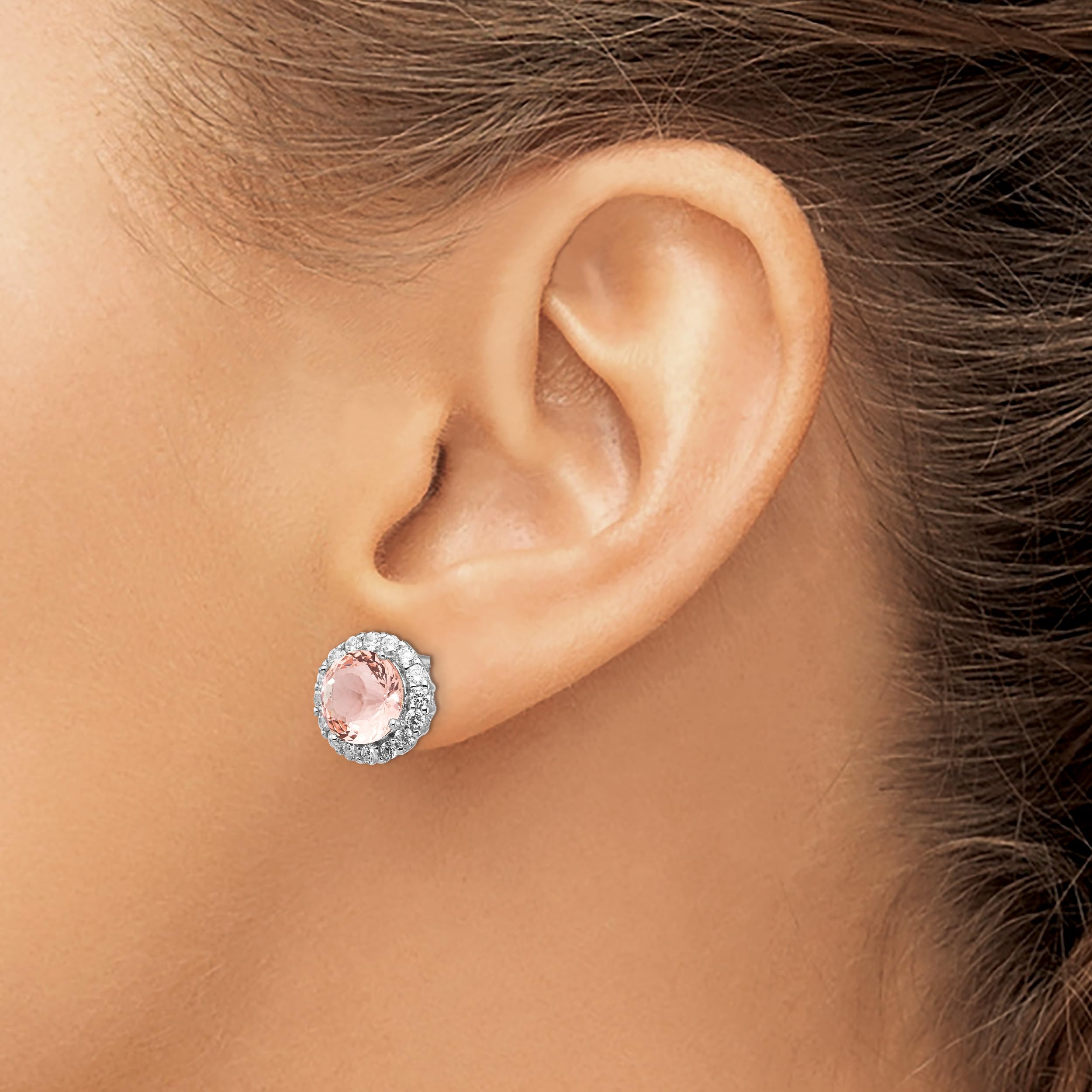 925 Sterling Silver Pink Morganite & White Cubic Zirconia Halo Stud Earrings for Women - Elegant Round CZ Earrings for Wedding, Party & Everyday Wear