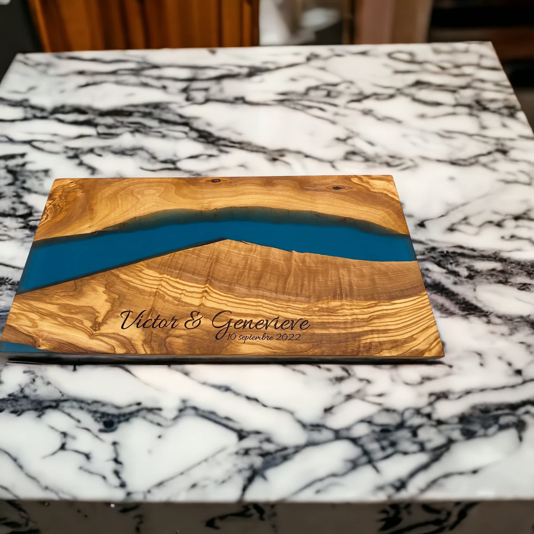 Handmade Personalized Olive Wood and Resin Charcuterie Board - Unique Wedding, Engagement, Anniversary & Housewarming Gift (Elegant Blue) - Perfect for Cheese Platters, Charcuterie Displays & Entertaining Guests
