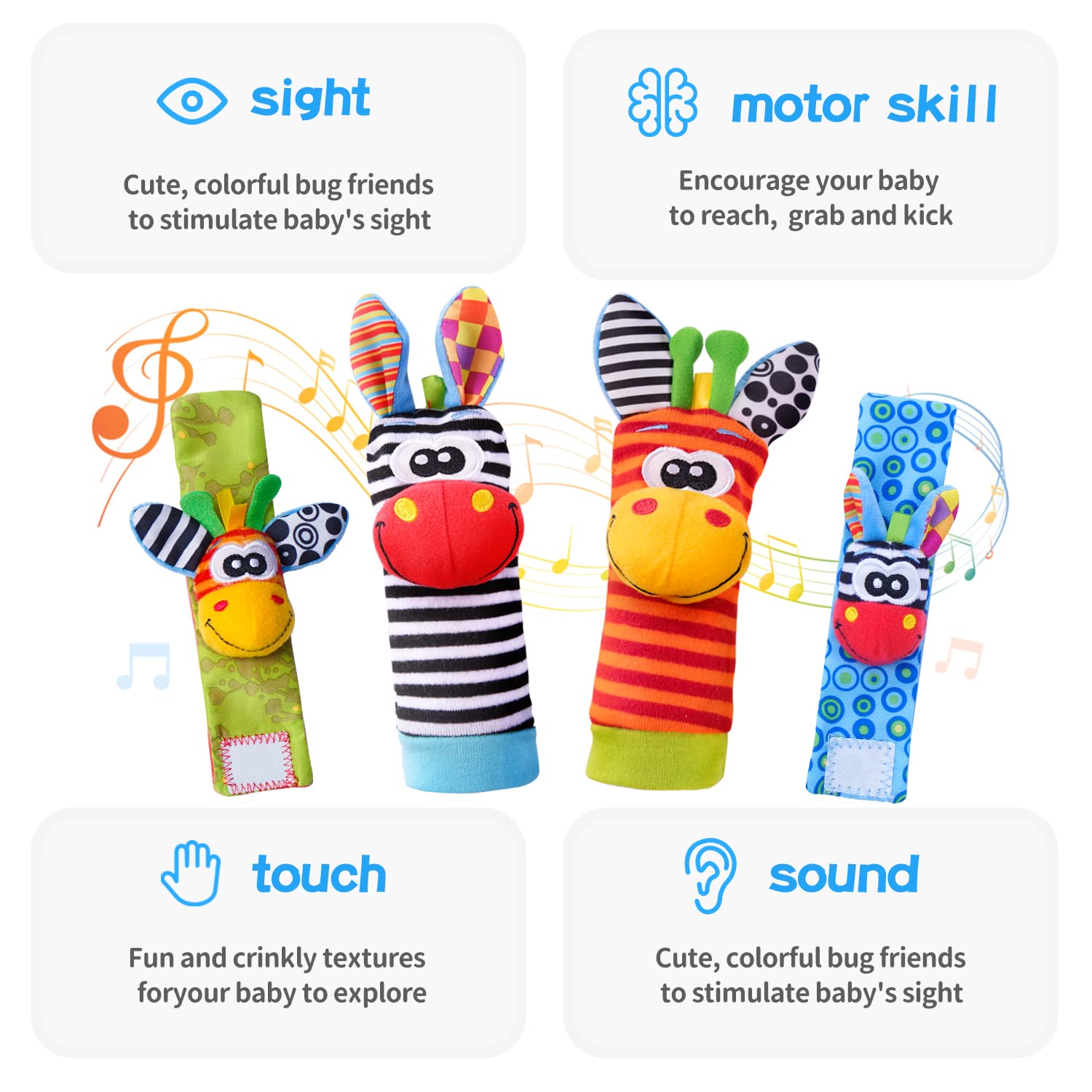 Koty Baby Wrist Rattles & Foot Finder Toys Set - Newborn Infant Rattle Socks, Arm Bracelet & Ankle Socks for Boys & Girls - Soft Sensory Developmental Toys for 0-12 Months - Perfect Baby Shower Gift & Early Learning Playtime Accessories