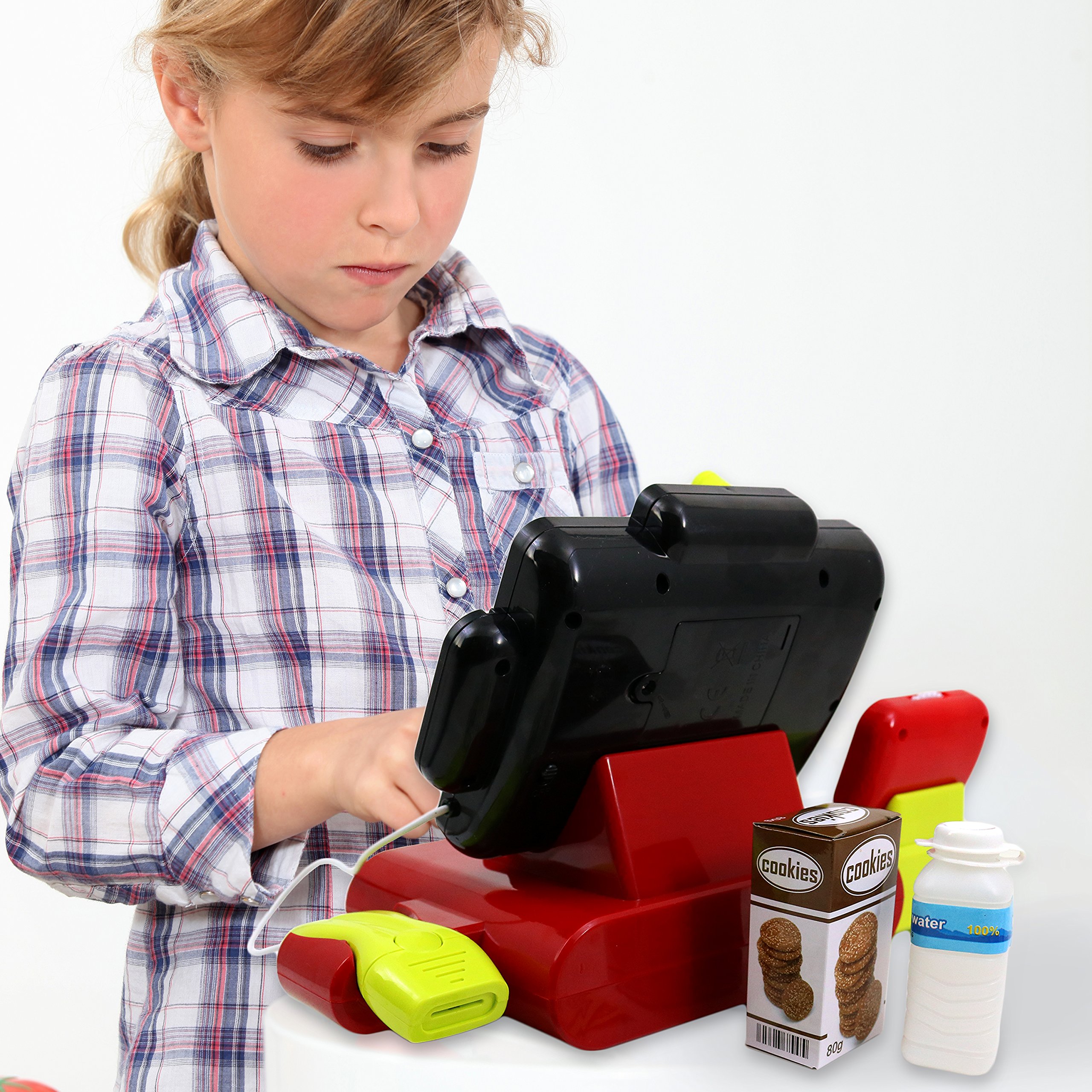 Big Mo's Toys Cash Register Play Set for Kids - 27 Piece Pretend Play Grocery Store Supermarket Toy with Fake Money, Play Food, Electronic Lights & Sounds | Educational Role Play Toy for Preschool Learning & Family Fun