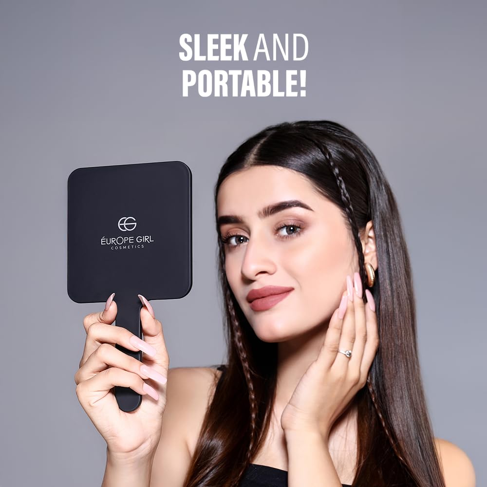European Style Hand Mirror for Women - Lightweight & Compact Square Makeup Mirror in Black - Perfect for Travel, Home, and Professional Makeup Application