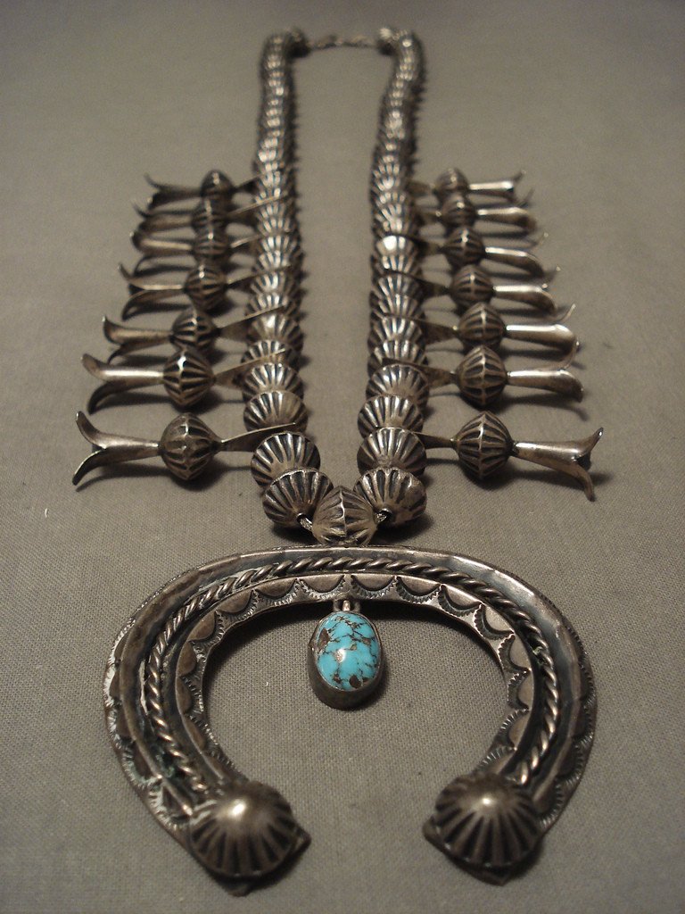 Vintage 1930s Navajo Native American Squash Blossom Necklace with Hogan Bead & Bisbee Turquoise - Handmade Southwest Jewelry for Women, Boho Fashion Accessory, Wedding Gift & Special Occasion Wear