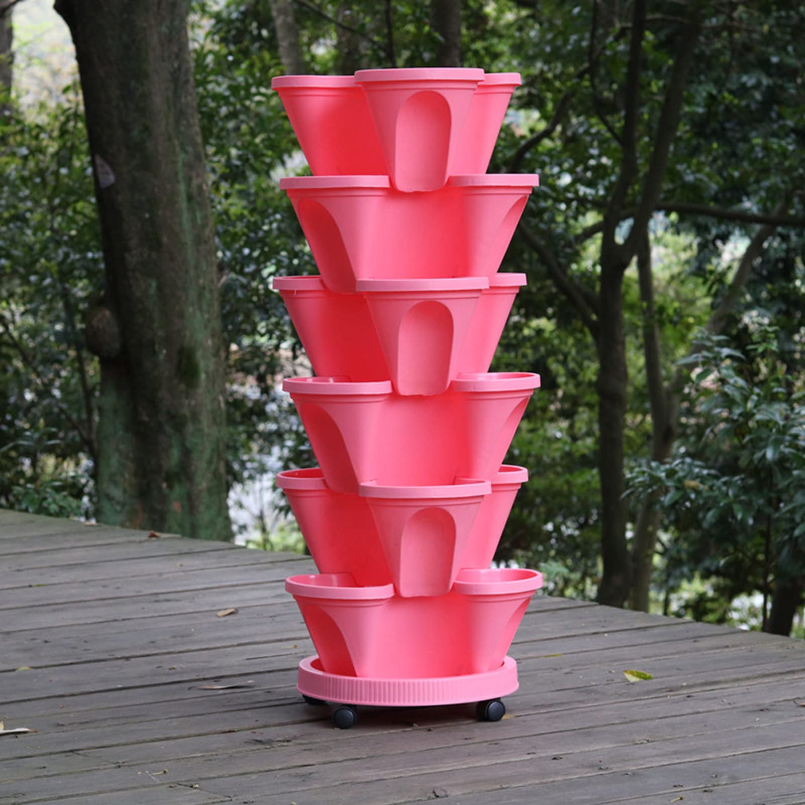 6-Tier Stackable Flower Tower Pots for Strawberries, Herbs & Vegetables - Indoor/Outdoor Vertical Gardening with Self-Watering System & Mobile Tray - Perfect for Balcony, Patio & Small Space Gardening