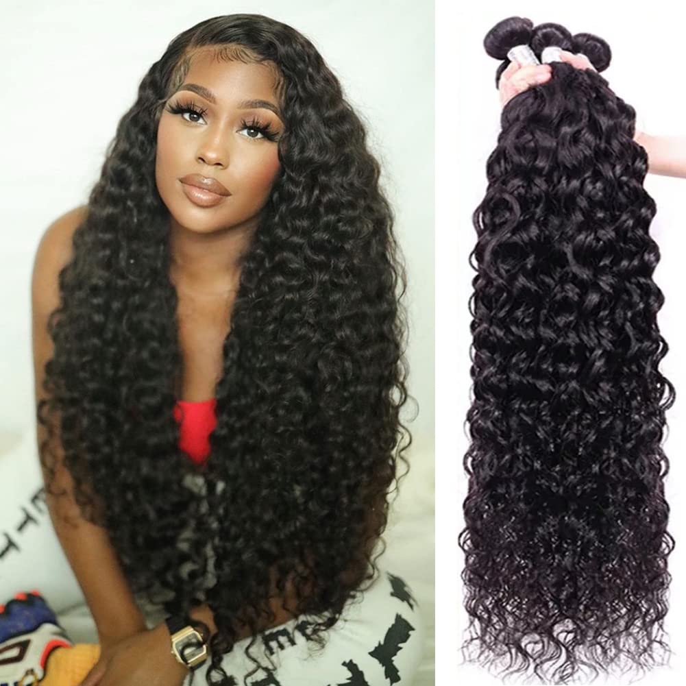 Brazilian Virgin Remy Human Hair Extensions - 4 Bundles Water Wave Weave (22 24 26 28 Inch) Natural Color Curly Hair for Women - Perfect for Daily Styling, Parties & Special Occasions