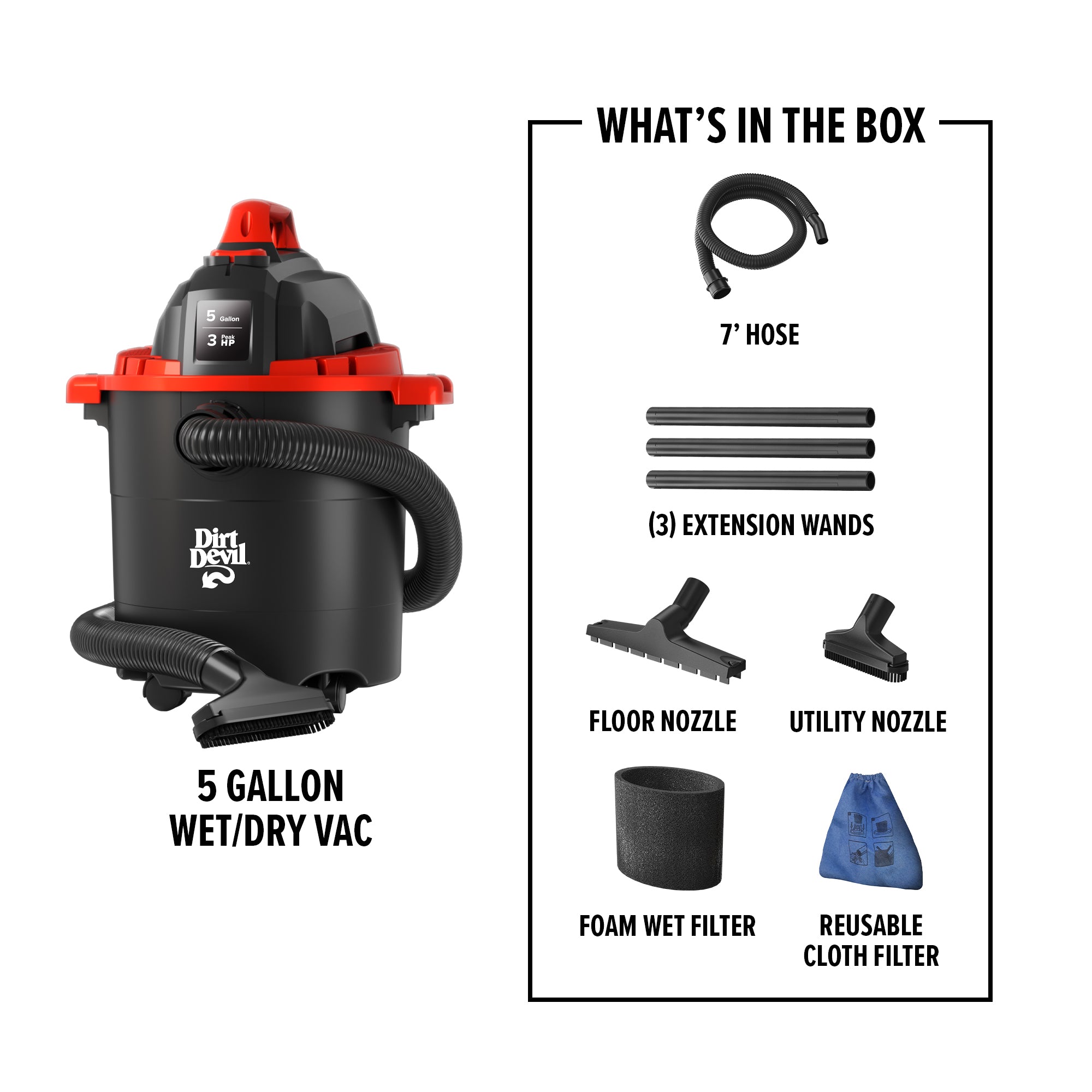 5 Gallon Wet/Dry Vacuum Cleaner - Powerful Shop Vac for Home, Garage & Car Cleaning - Ideal for Dust, Debris & Liquid Spills