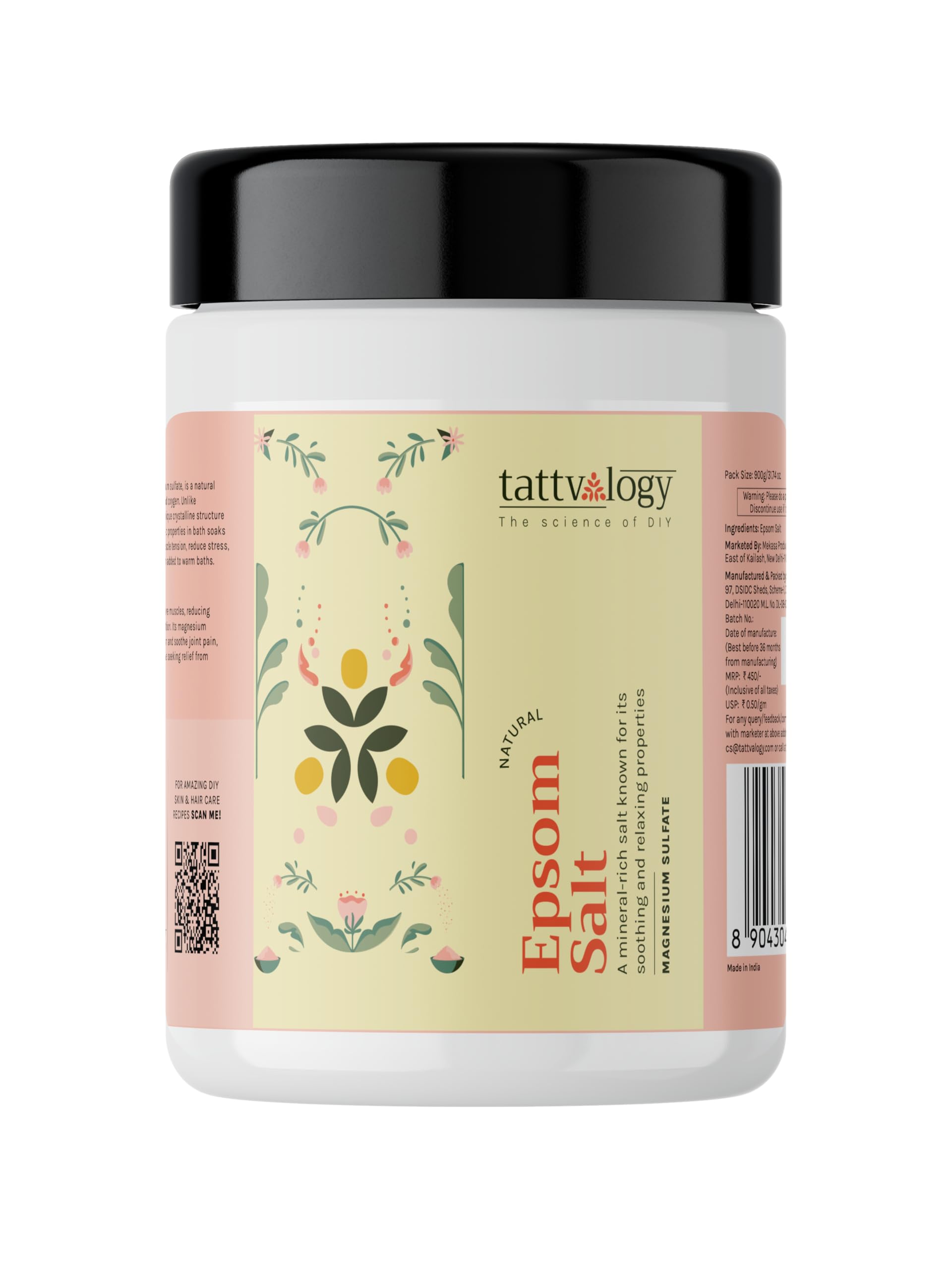 Tattvalogy Pharma Grade Epsom Salt (Magnesium Sulfate) - 900g in Plastic Jar | Muscle Pain Relief, Foot Soak, Gardening Supplement | Perfect for Relaxing Baths, Plant Care & Skin Cleansing