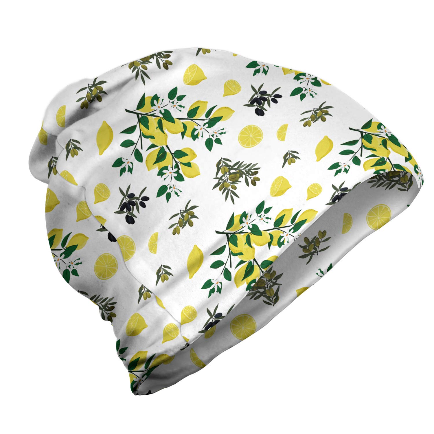 Ambesonne Unisex Beanie - Olive & Lemon Print Winter Knit Hat for Men & Women | Warm Fleece-Lined Beanie for Hiking, Camping & Outdoor Activities