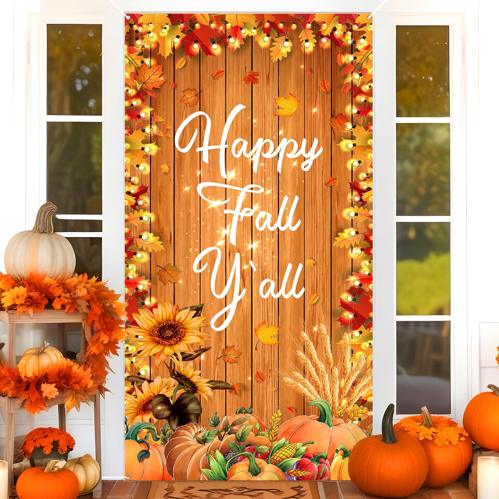 Happy Fall Y'all Door Banner - Autumn Harvest Thanksgiving Decor with Maple Leaves & Pumpkins - Perfect for Fall Parties, Thanksgiving Gatherings & Seasonal Home Decoration