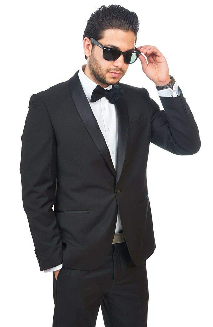 AZAR MAN Slim Fit Men's Shawl Lapel Tuxedo Suit - Black 1 Button Formal Suit with Flat Front Pants | Perfect for Weddings, Prom, Black Tie Events & Evening Gala