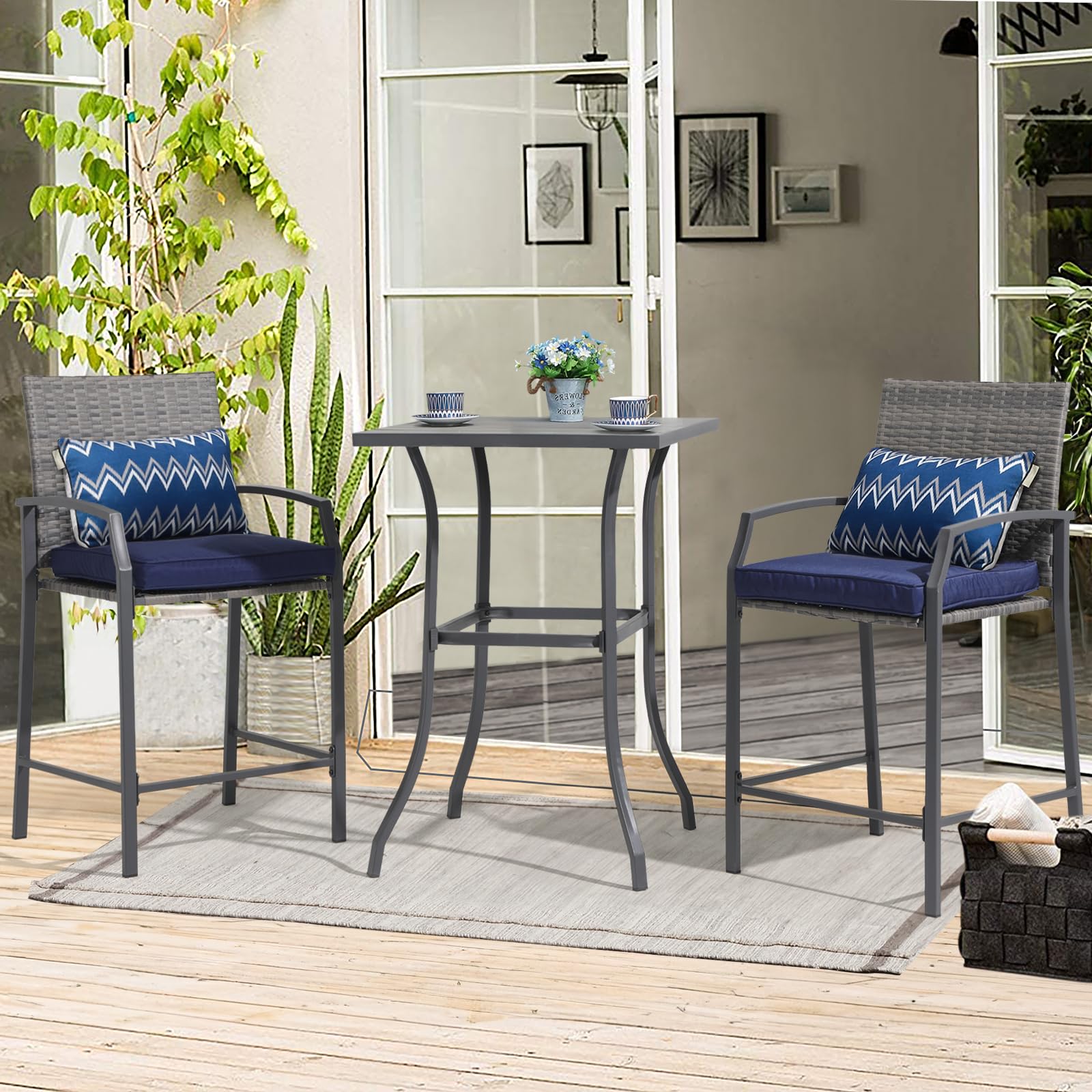 JOIVI 3-Piece Outdoor Patio Bar Set - Counter Height Wicker Bar Stools with Wood Top Table, 2-Person Bistro Set Includes 2 Bar Chairs with Cushions - Perfect for Backyard, Balcony, Deck, and Garden Entertaining