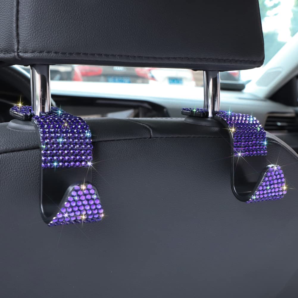 OTOSTAR 2 Pack Bling Diamond Car Headrest Hooks - Universal Vehicle Seat Hangers & Organizer | Handmade Auto Accessories for Purse, Bag & Shopping (Violet) - Perfect for Road Trips, Commuting & Daily Errands