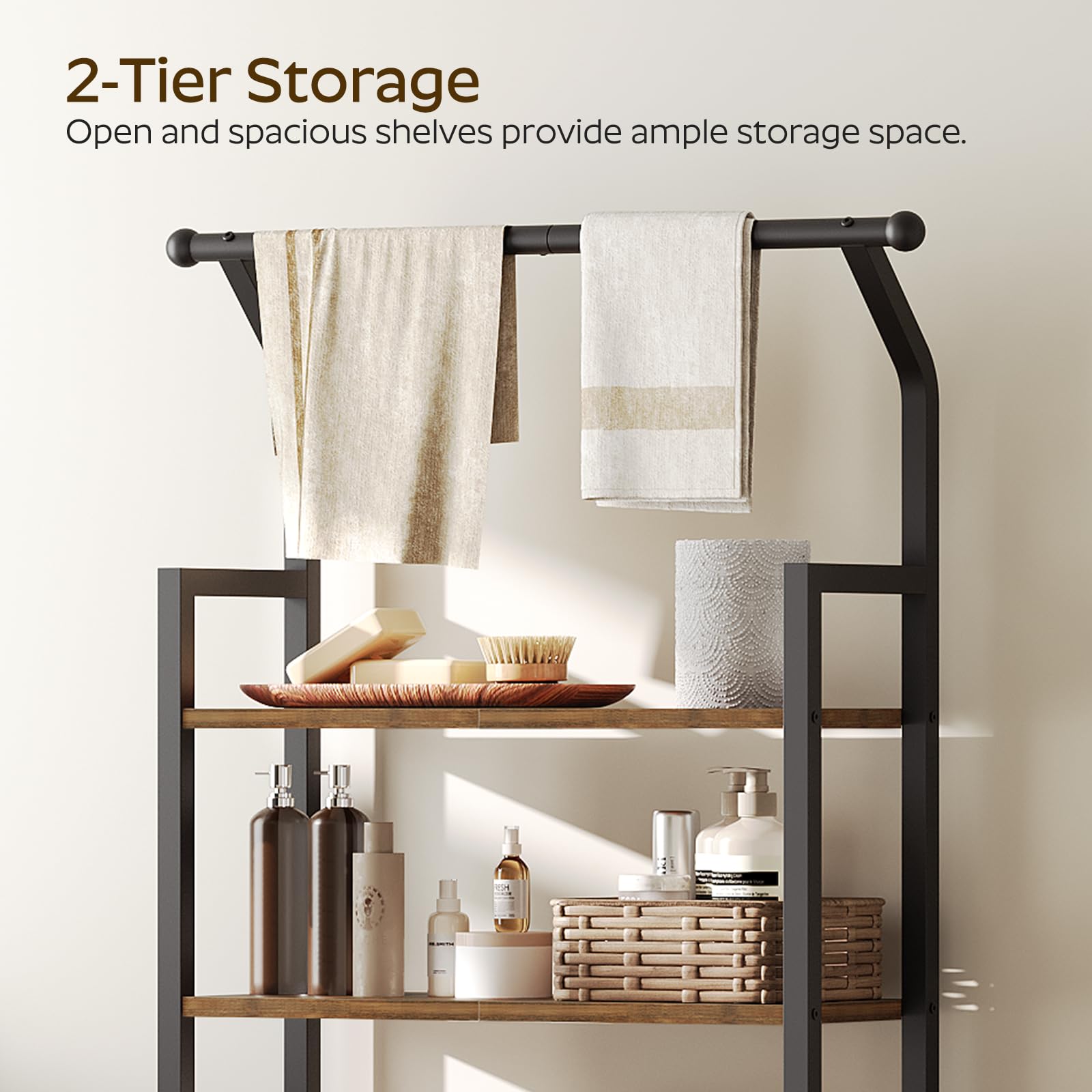 Over The Toilet Storage Shelf - 2-Tier Bathroom Organizer with Hooks | Space-Saving Vertical Toilet Shelf Rack in Rustic Brown & Black | Perfect for Small Bathrooms, Apartments & Powder Rooms (TR01BR)