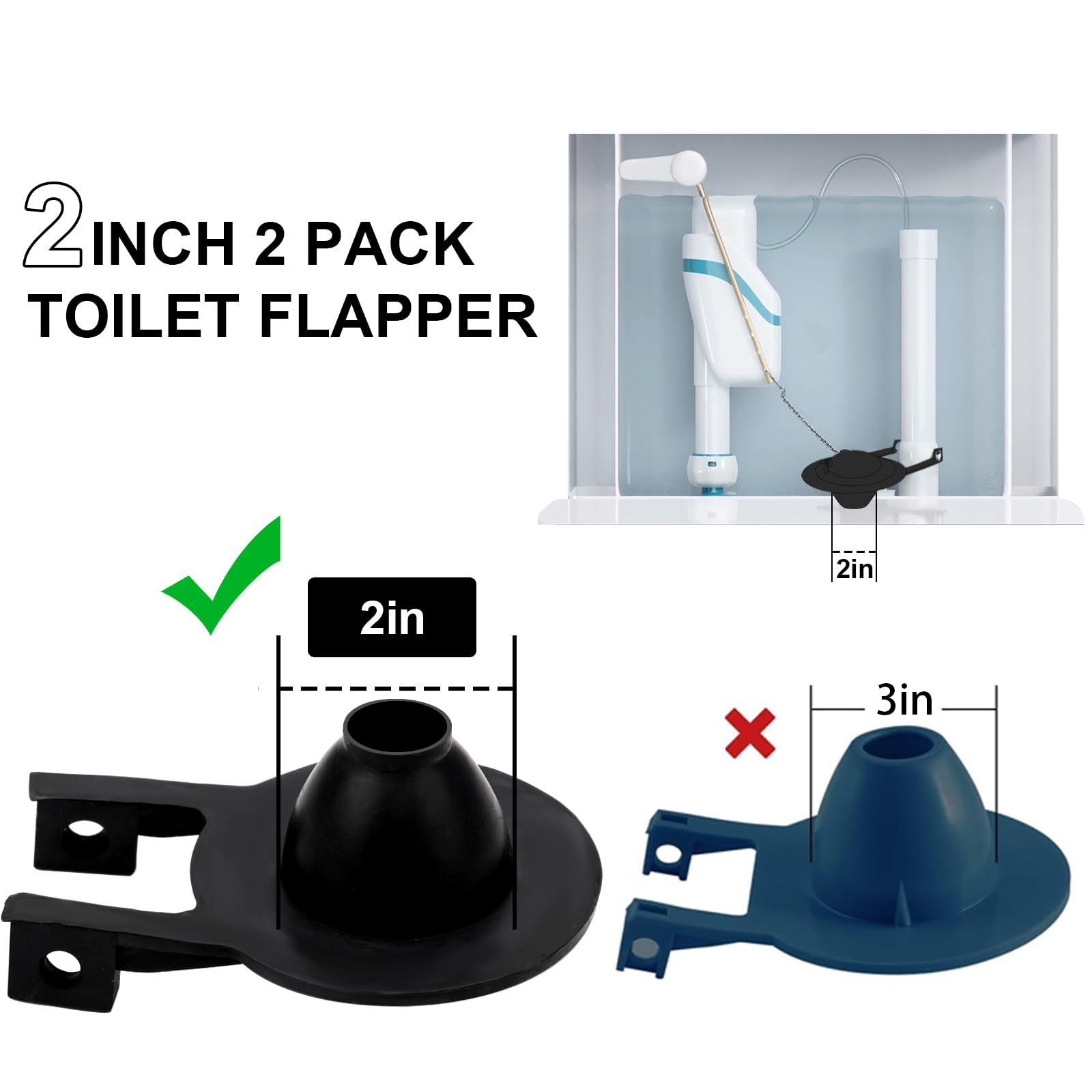 2 Pack Universal 2-Inch Toilet Flapper Replacement Kit - High Performance Toilet Tank Flapper with Stainless Steel Chain & Hook, Durable Rubber for Long Lasting Use - Easy to Install Black (Perfect for Home, Hotel, and Office Bathroom Repairs)