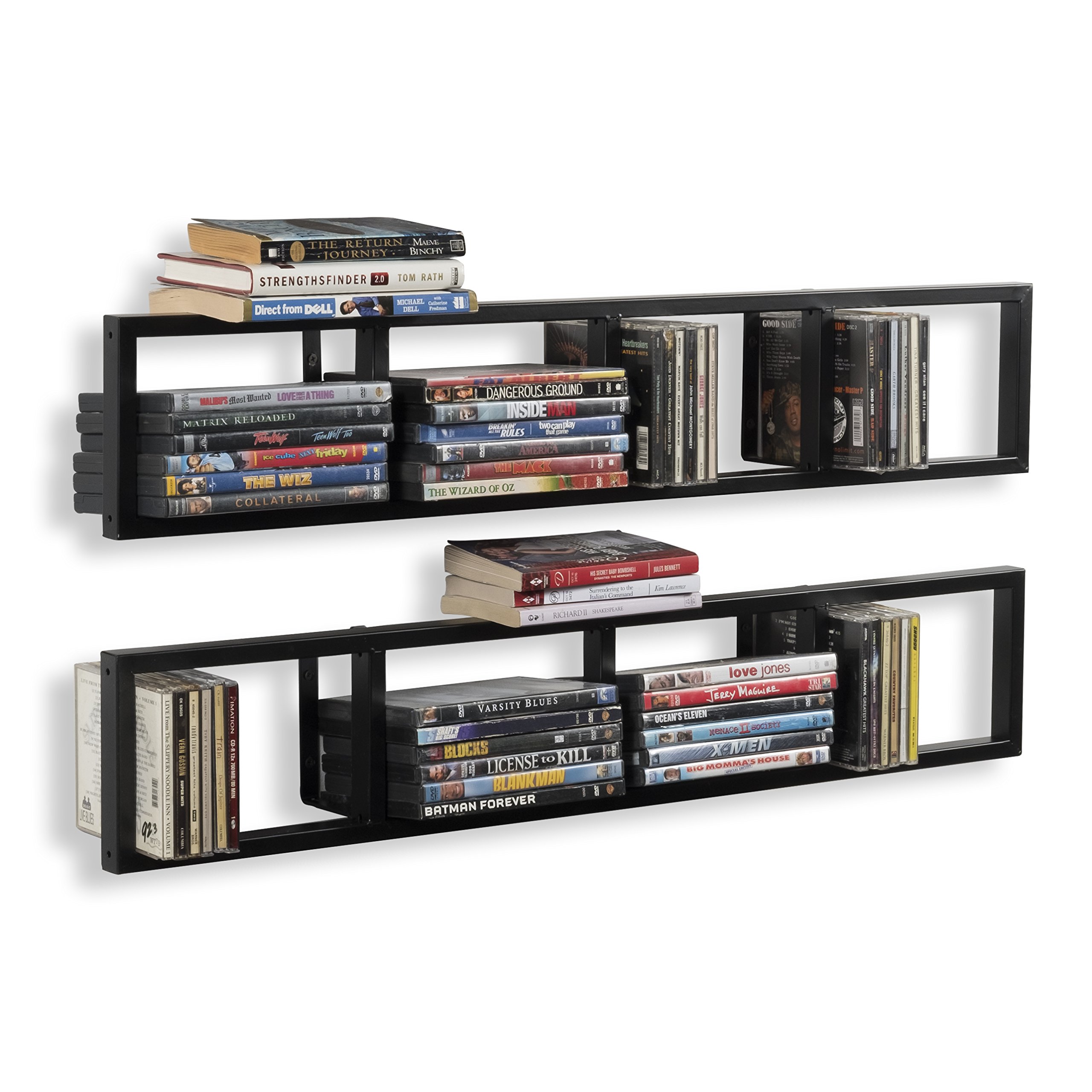 34 Inch Wall Mount Media Storage Rack - Set of 2 Black Metal Floating Shelves for CD DVD Organizer | Perfect for Living Room, Bedroom & Home Theater Organization