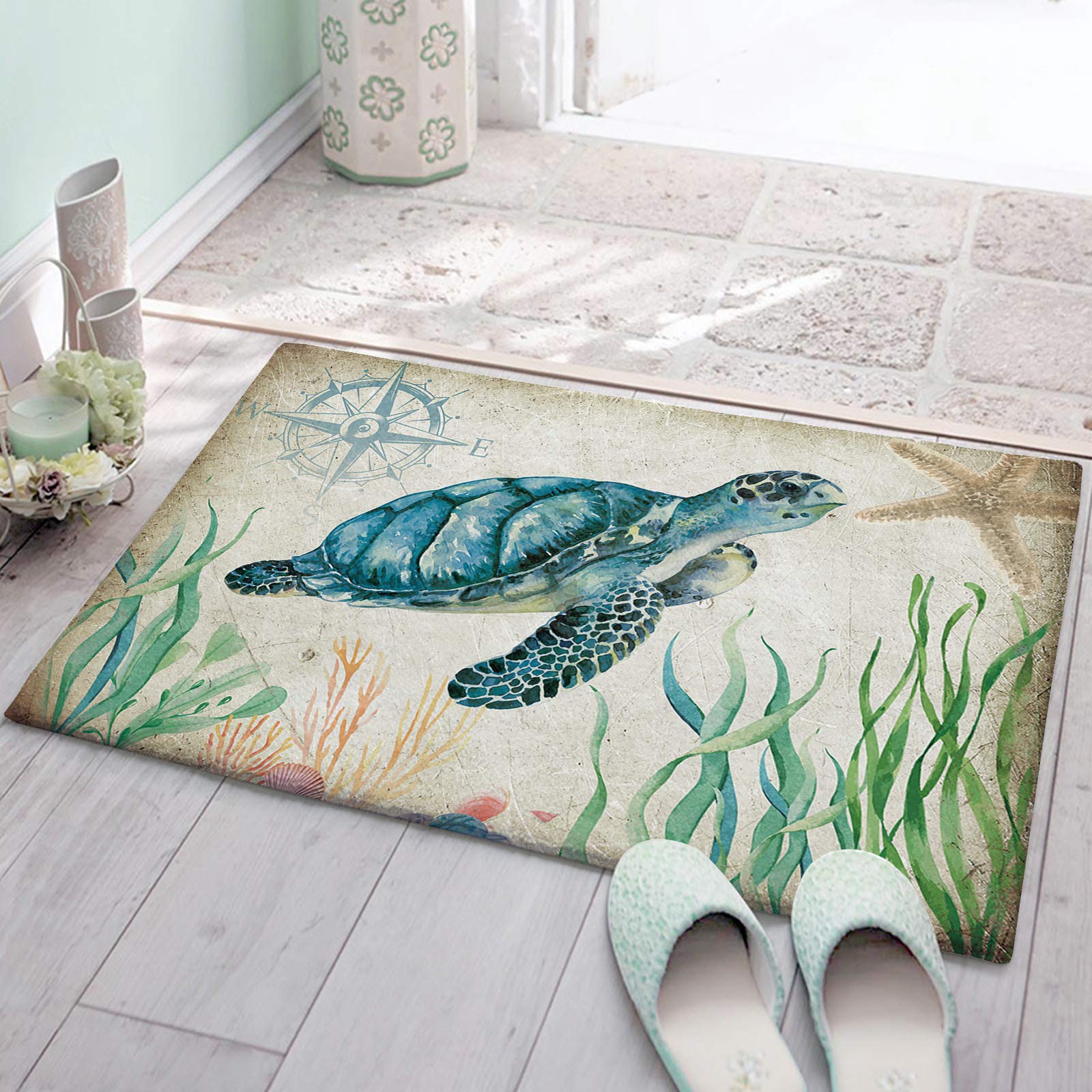 Non-Slip Indoor Doormat - Super Absorbent Soft Plush Shaggy Bath Mats with Sea Turtle & Starfish Vintage Ocean Pattern - Washable Durable Welcome Floor Rugs for Bathroom, Living Room, Front Door, Entryway - Perfect for Coastal Decor & Beach House Style