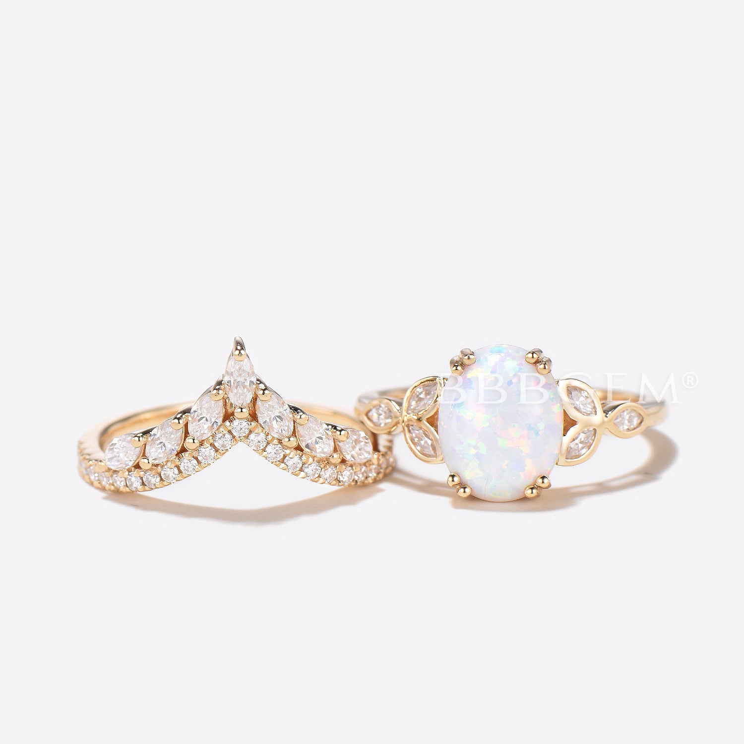 White Opal Leaf Moissanite Engagement Ring & Wedding Band Set in Rose Gold – Unique Bridal Jewelry for Proposals, Anniversaries, and Special Occasions