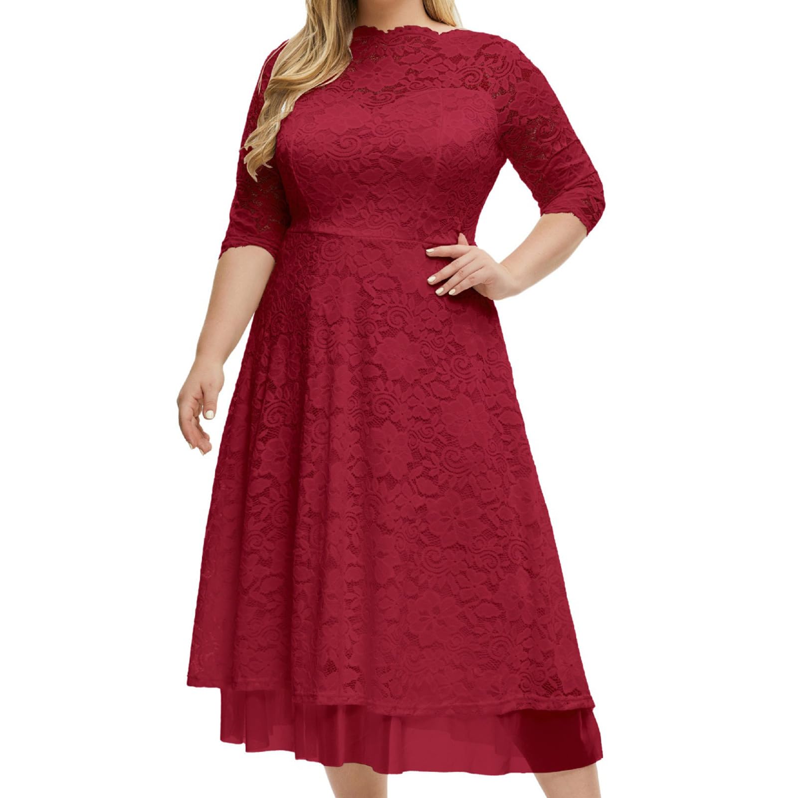 Elegant Plus Size Women's Lace 3/4 Sleeve Cocktail Dress - Long Formal Maxi Dress for Wedding Guest, Bridesmaid, Party & Special Occasions | Perfect for Evening Galas, Cocktail Receptions & Formal Events