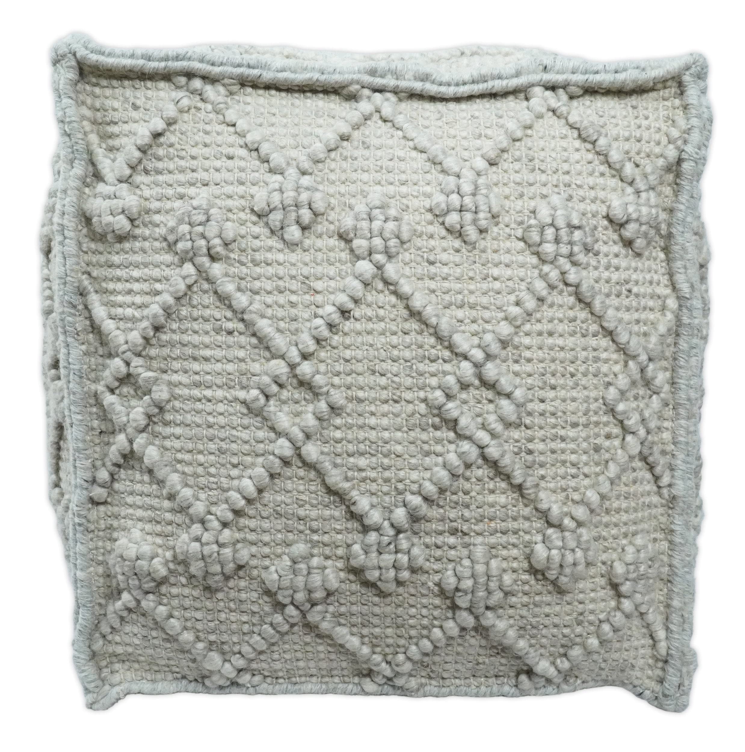 Boho Handwoven White Sand Pouf Ottoman - Wool Blend Tribal Design Footstool for Living Room, Couch Companion, Side Table & Cozy Home Decor