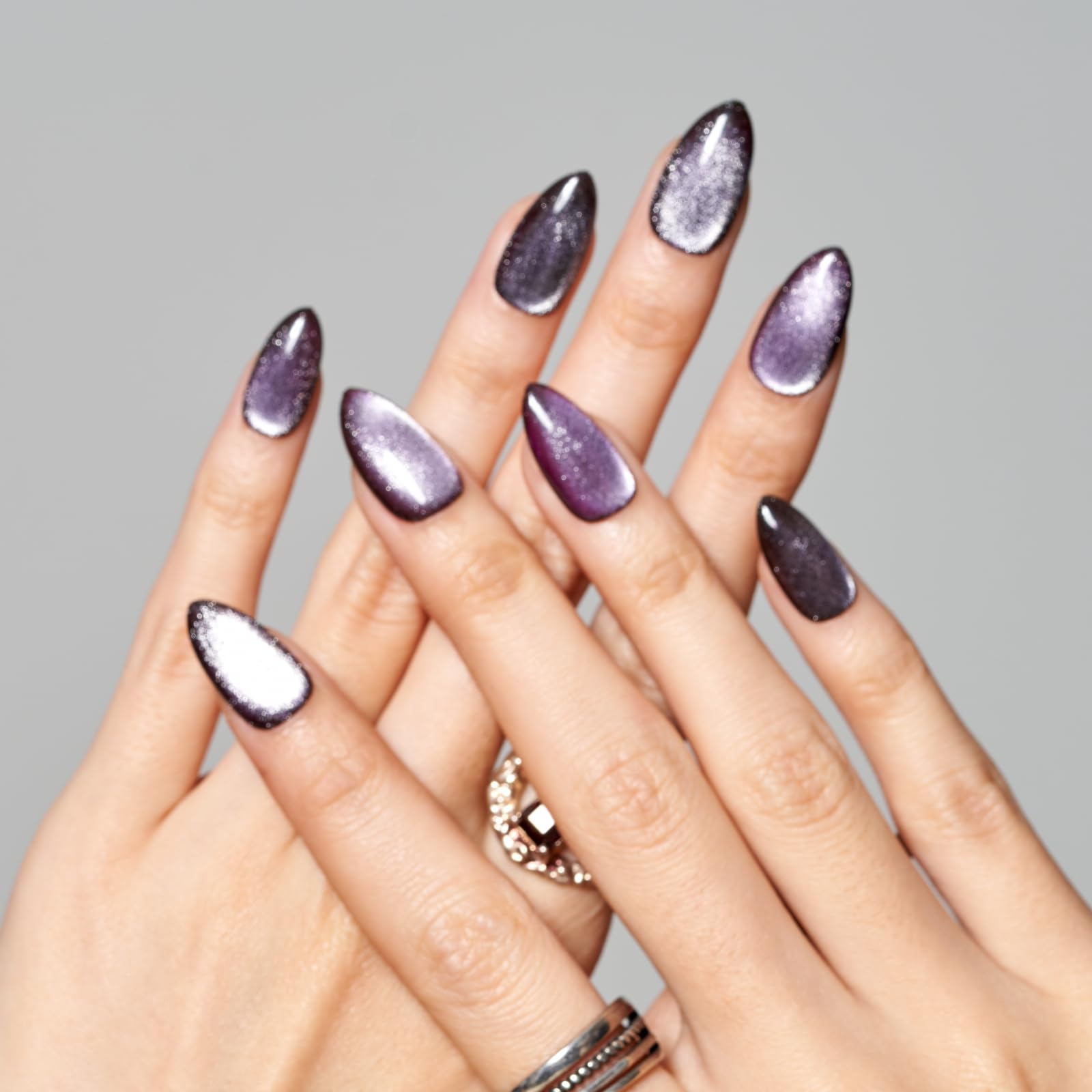 GLAMERMAID Black Aurora Magnetic Cat Eye Press-On Nails - Short Almond Shape Handmade Gel Fake Nails with Dark Ombre Crush Design, Glue-On Oval False Nails Set for Women | Glossy Glitter Stiletto Nails for Parties, Weddings & Special Occasions