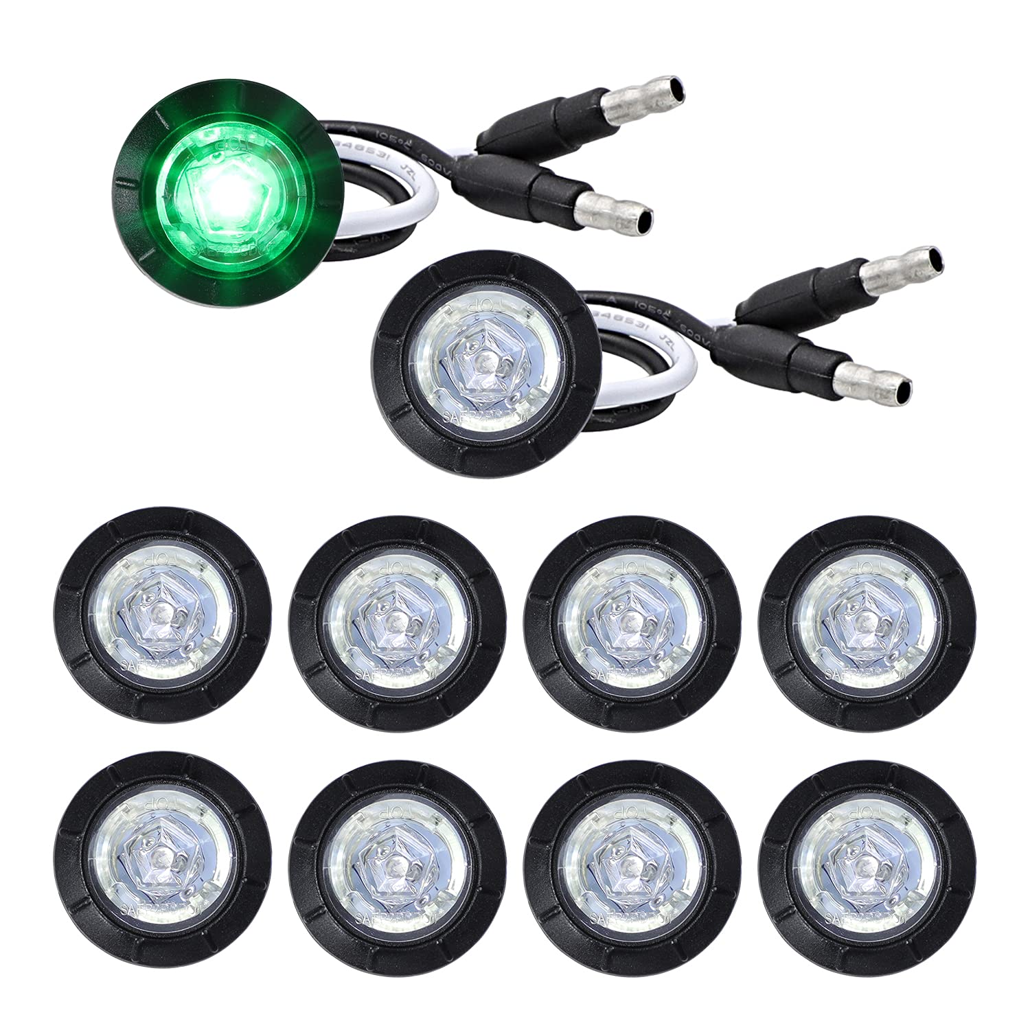 10 Pack MADCATZ 3/4 Inch Round Clear Lens Green LED Side Marker Lights - 12V DC Waterproof Clearance Lamps for Trucks, Trailers & Buses - Easy Installation with Grommets & Plugs - Perfect for Night Driving Safety & Vehicle Visibility