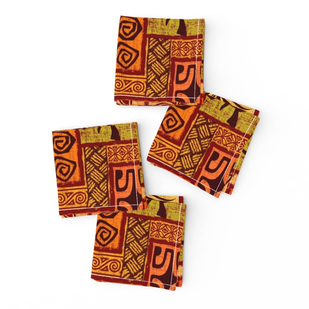 Premium Linen Cotton Canvas Cocktail Napkins Set of 4 - Red Hawaiian Tiki Tropical Polynesian Turtle Floral Waves Palm Leaves Print | Perfect for Luau Parties, Beach Weddings & Tropical Home Decor