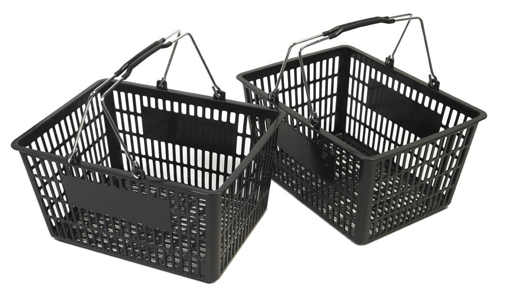 Premium Black Shopping Baskets (Set of 2) - Durable Plastic Grocery Baskets for Supermarkets, Retail Stores & Home Organization | Stackable & Ergonomic Design