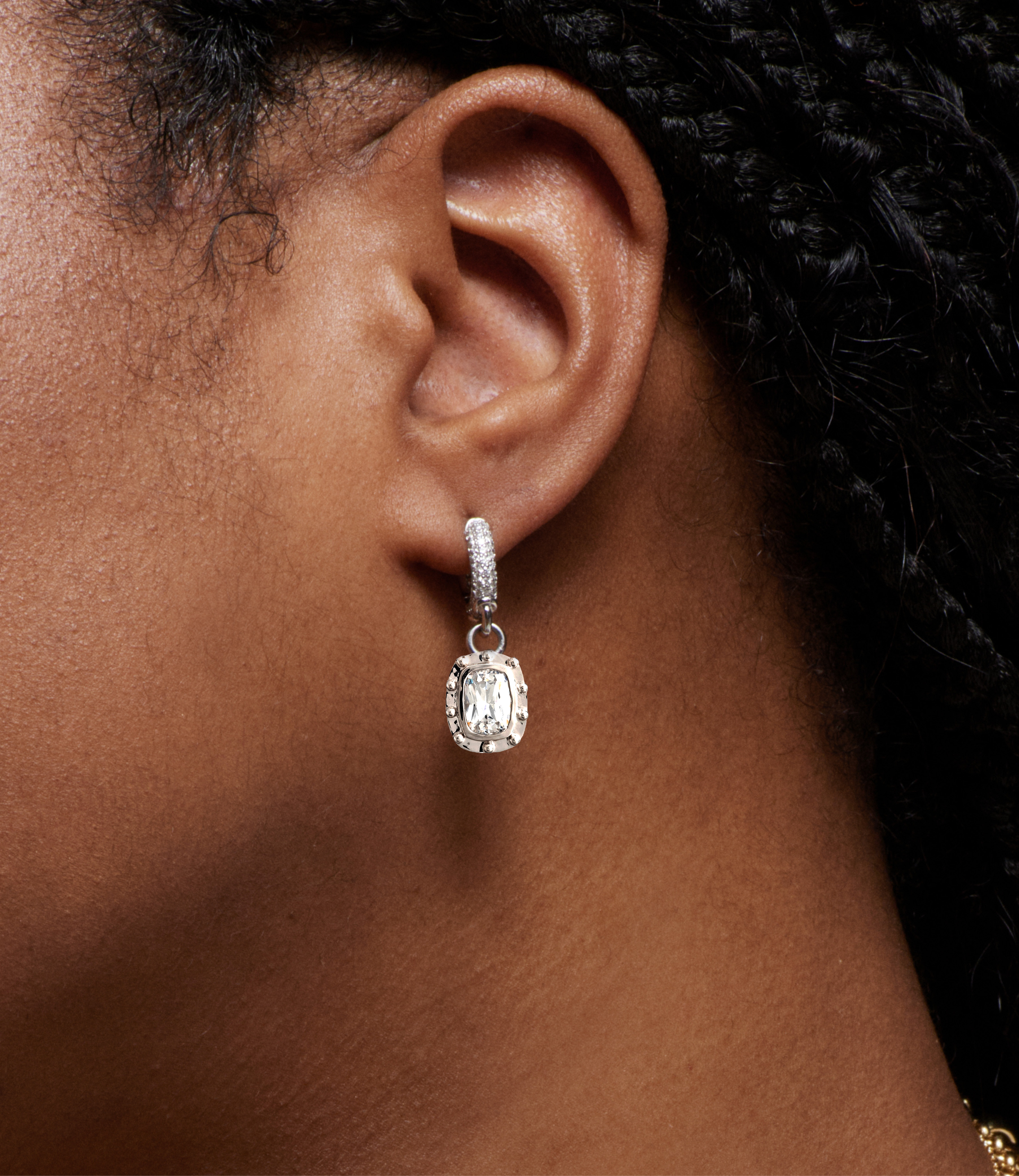 Lovestruck Pendant Ear Hoop - 14K White Gold Diamond Drop Earrings with Cushion Cut & Pavé Setting | Perfect for Weddings, Date Nights & Special Occasions