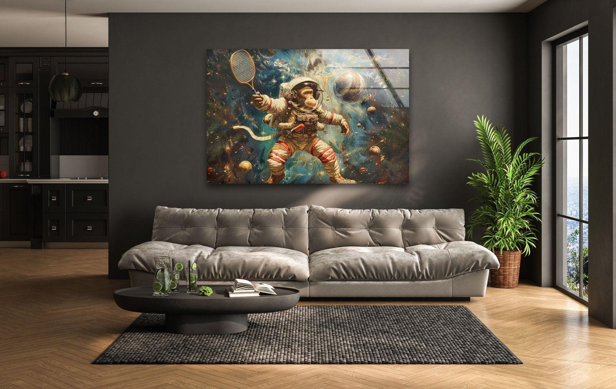Astronaut Monkey Glass Wall Art - Unique Space Themed Home Decor for Living Room, Bedroom & Office - Perfect Gift for Sci-Fi & Space Lovers
