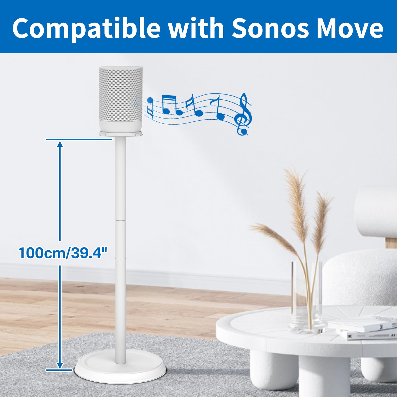 Heavy Duty Speaker Stand for Sonos Move & Move 2 - Adjustable Floor Stand with Cable Management Clips | Easy Installation White Speaker Holder | Perfect for Home Theater, Outdoor Parties & Music Studios