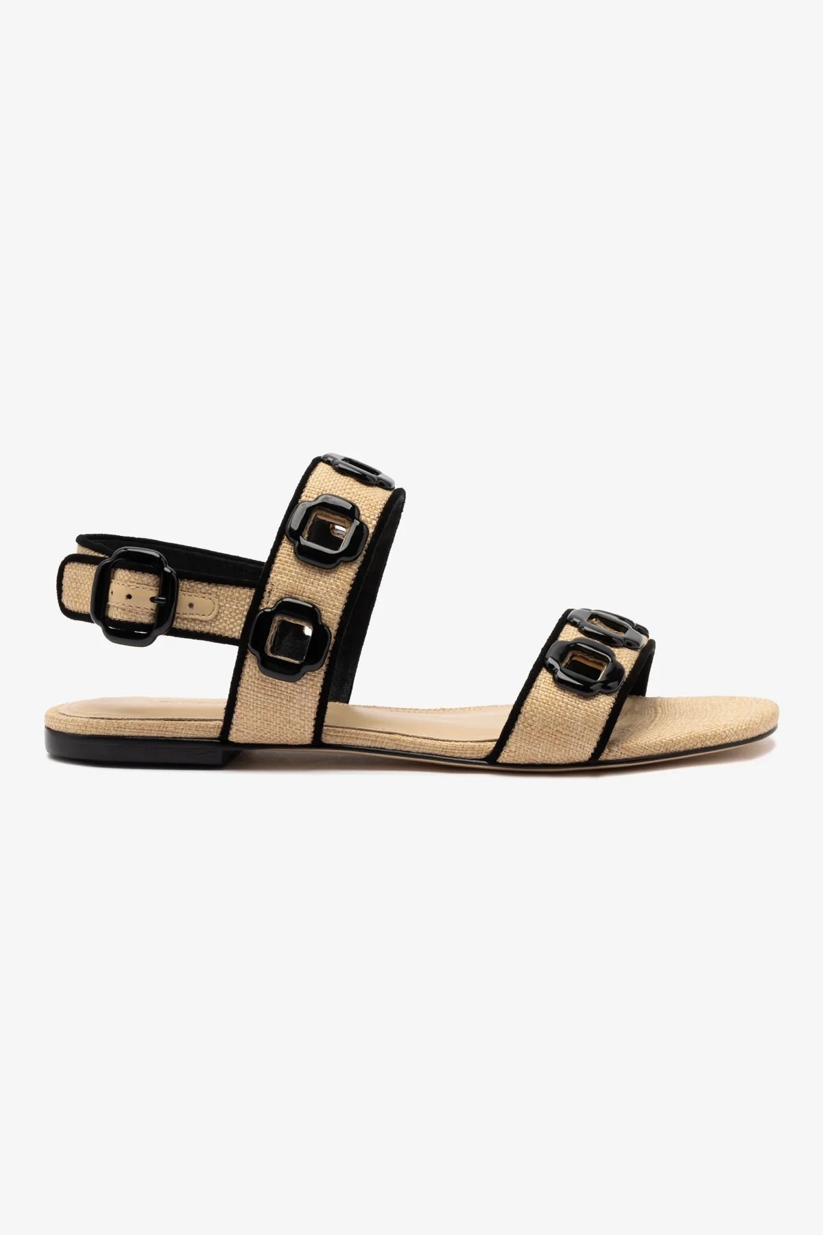Milan Flat Sandal Women's Beige Raffia with Black Trimming - Comfortable Summer Beach Sandals for Vacation, Walking & Casual Outfits