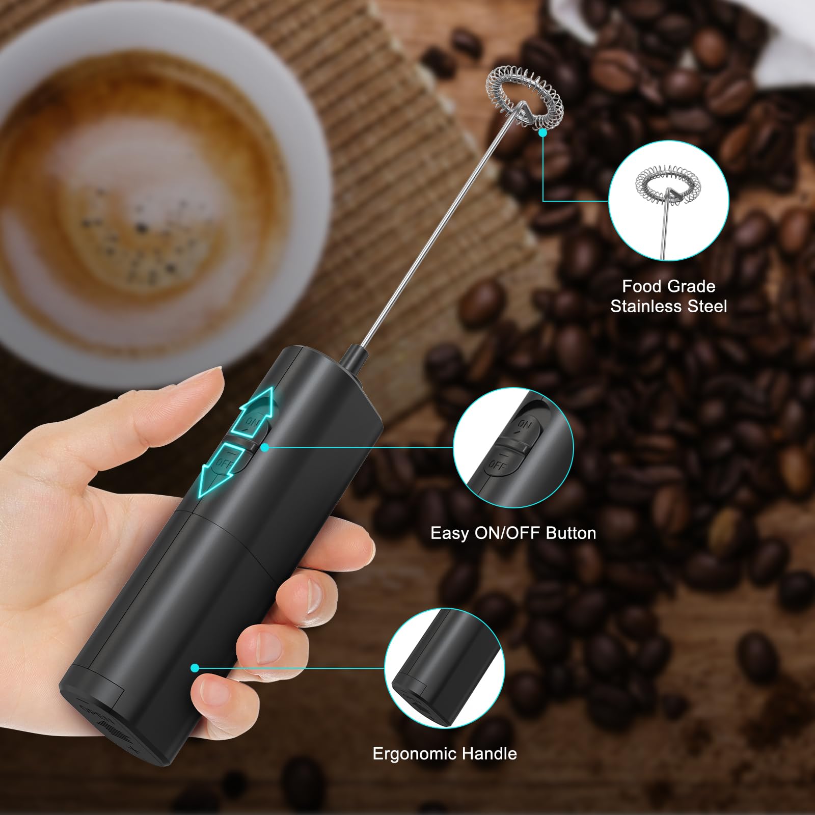 COKUNST Handheld Milk Frother - Battery Powered Mini Whisk & Drink Mixer for Coffee, Matcha, Latte, Cappuccino & Hot Chocolate | Portable Foam Maker for Home, Office & Travel Use