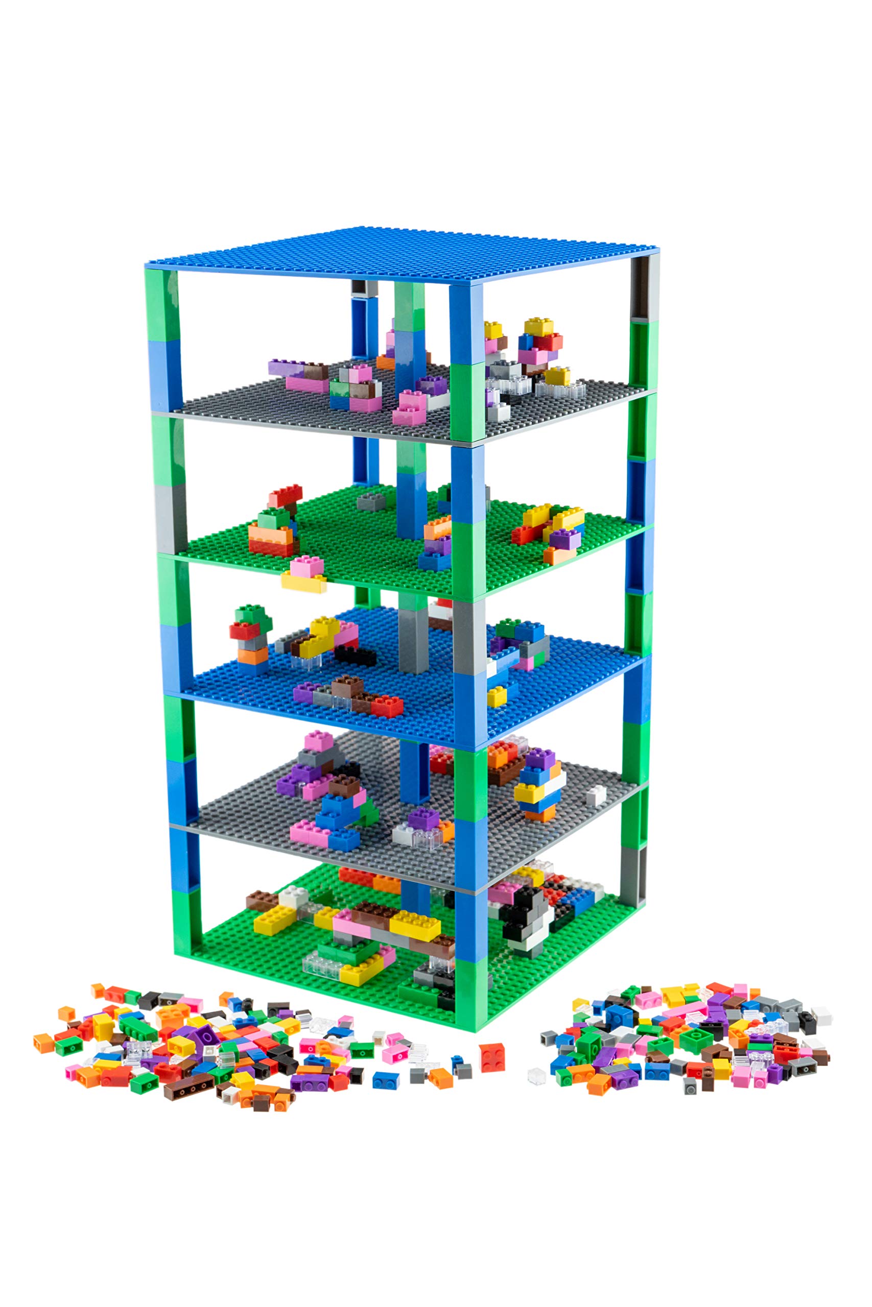 Strictly Briks Lego-Compatible Baseplates - 6 Pack 10”x10” Stackable Building Plates in Blue, Gray & Green + 504 Bricks & 30 Stackers in 12 Colors - Creative Construction Toy for Kids, STEM Learning & DIY Projects